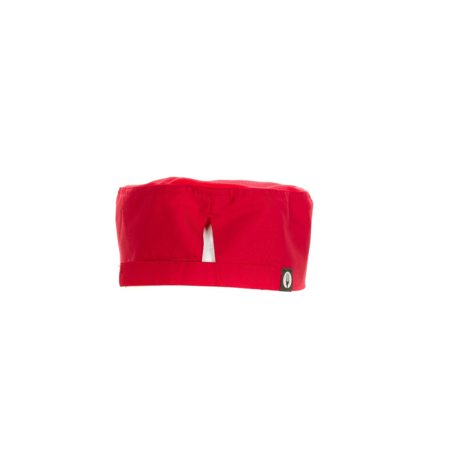 A red Cool Vent Chef Beanie featuring a mesh design and a logo on the side, ideal for chefwear uniforms.