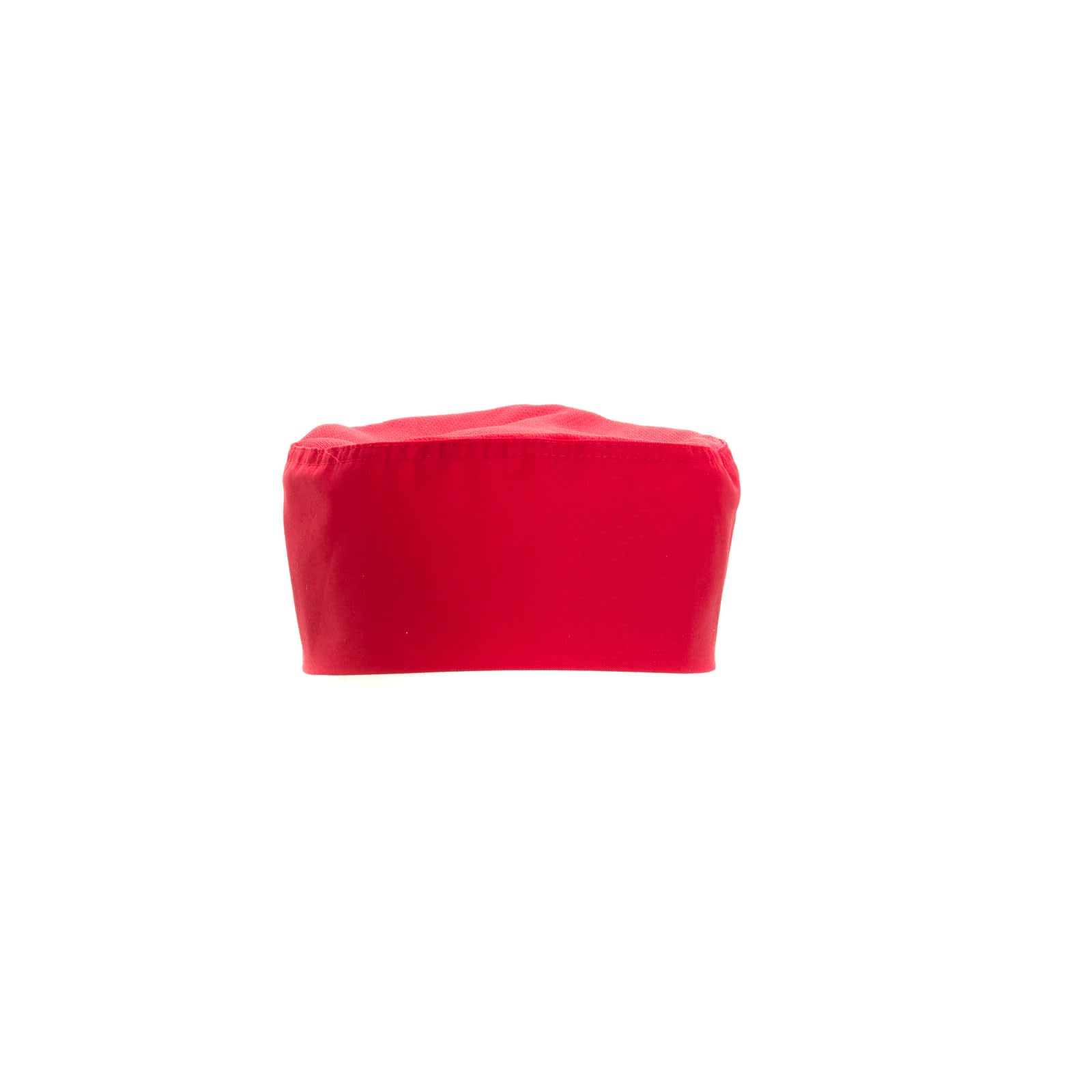 A red chef beanie with a structured design and a logo on the side, suitable for kitchen uniforms.