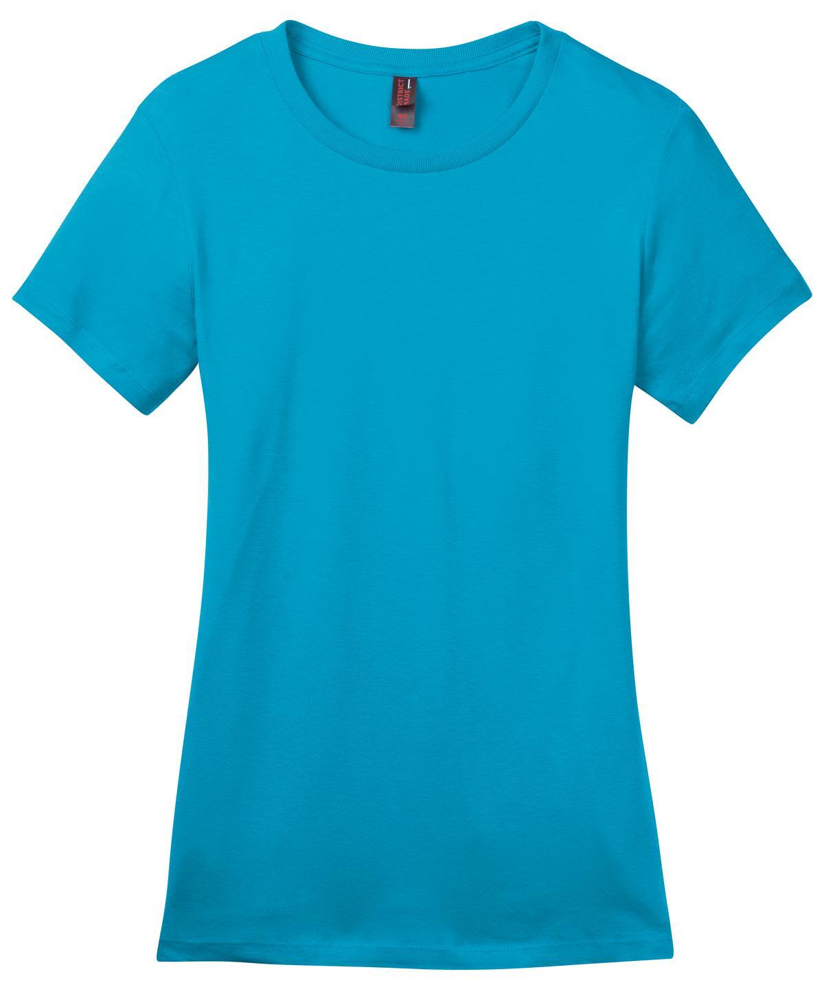 A bright turquoise ladies' crew tee with a fitted design and short sleeves. It features a branding logo.