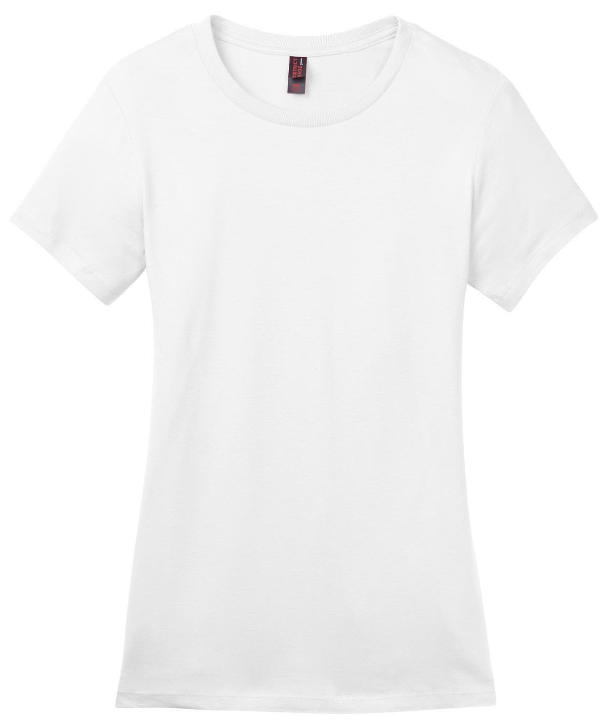A white ladies' t-shirt with a crew neck and short sleeves, featuring a fabric label and a logo.