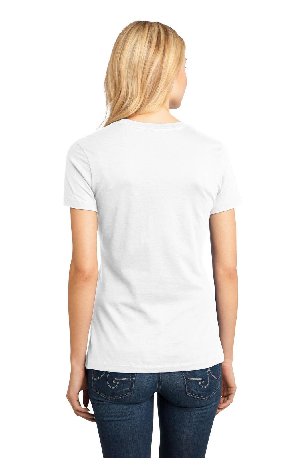 A white crew neck t-shirt for ladies, shown from the back, paired with dark jeans. It features a logo on the back.
