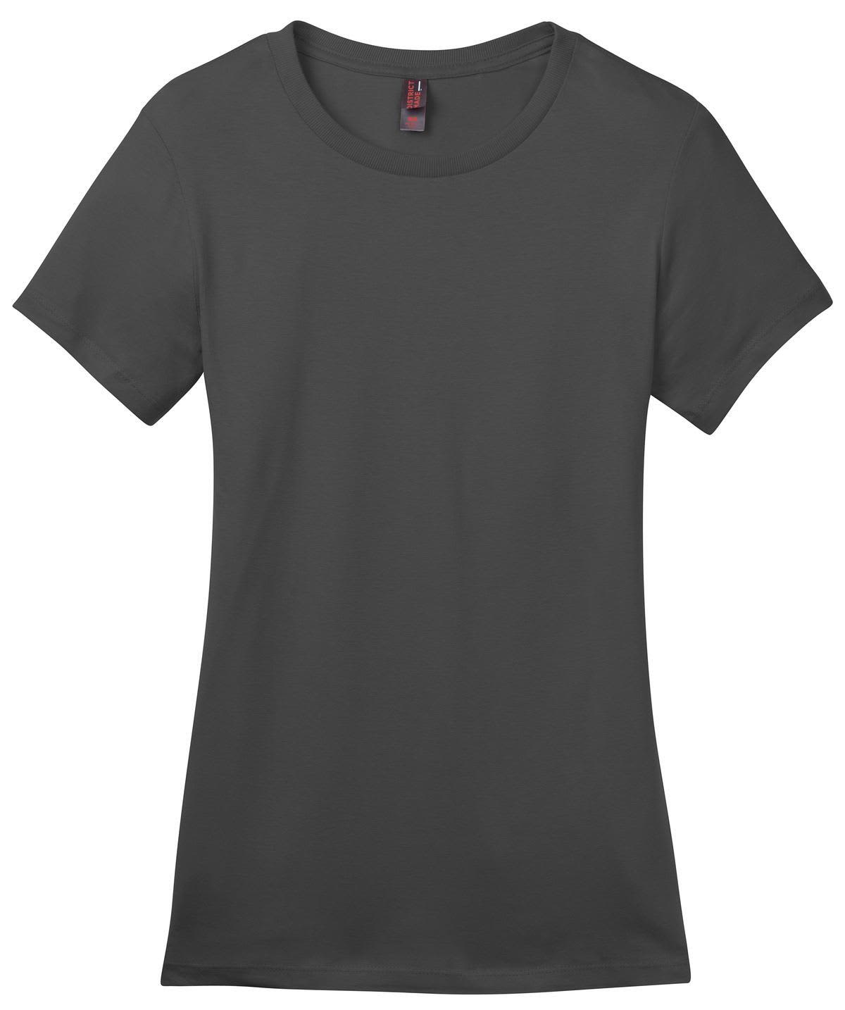 A dark grey ladies' crew tee with a round neckline and short sleeves. It features a logo on the inside tag.