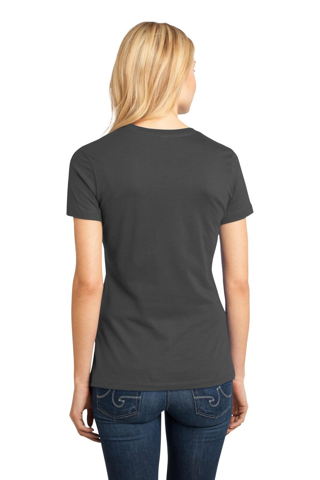 A back view of a dark grey t-shirt with a fitted design, featuring a crew neck and short sleeves.
