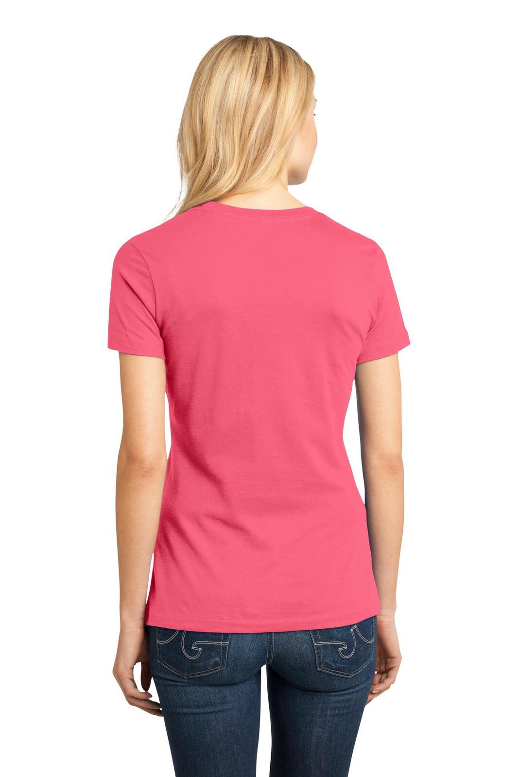 A pink crew tee shirt for ladies, featuring a fitted design and short sleeves, viewed from the back.