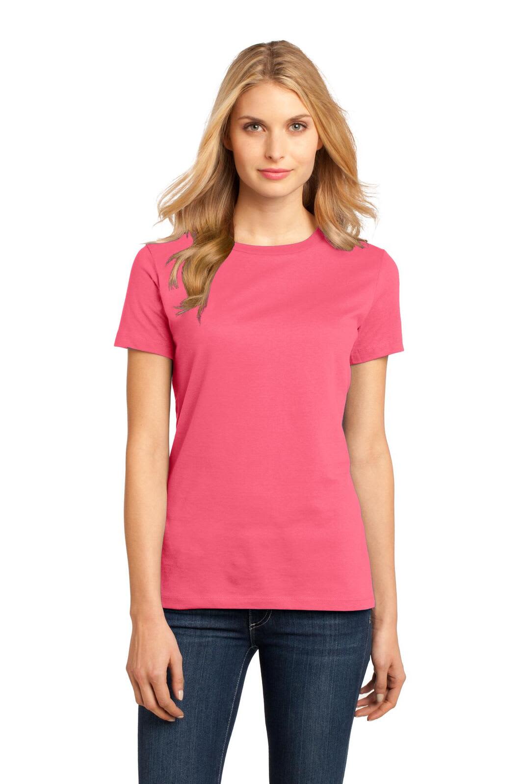 A woman is wearing a pink crew neck t-shirt with short sleeves, paired with blue jeans. The shirt has a logo.
