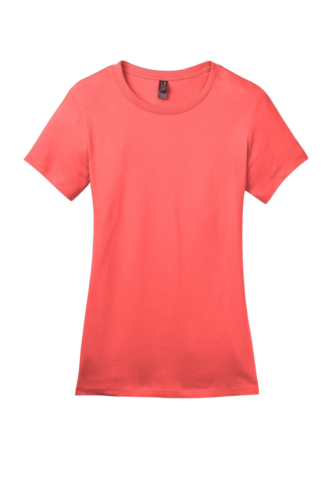A coral-coloured ladies' crew tee with short sleeves and a round neckline. Includes a small logo on the label.