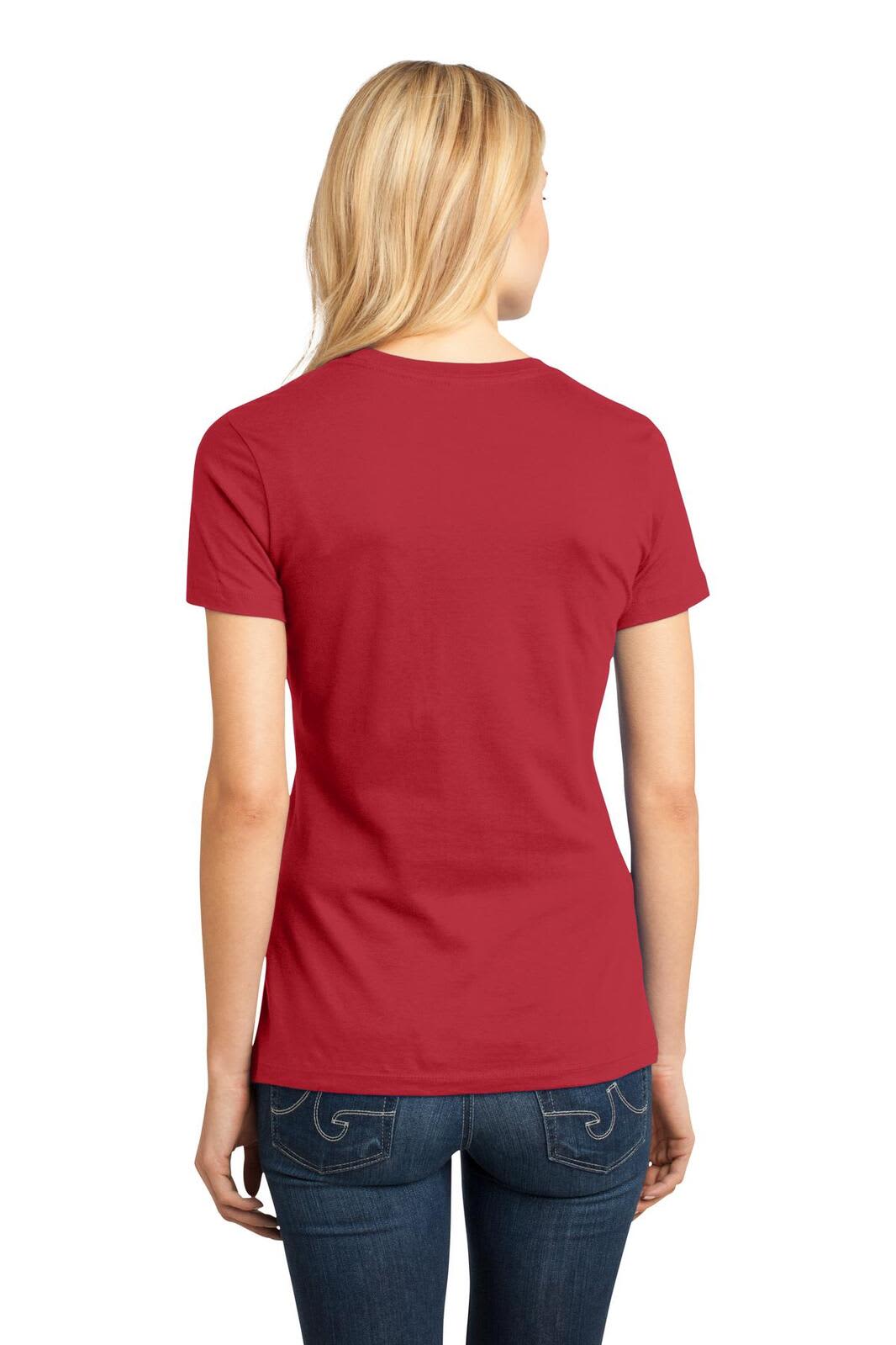 A red ladies' crew tee with a fitted design, featuring a logo on the back.