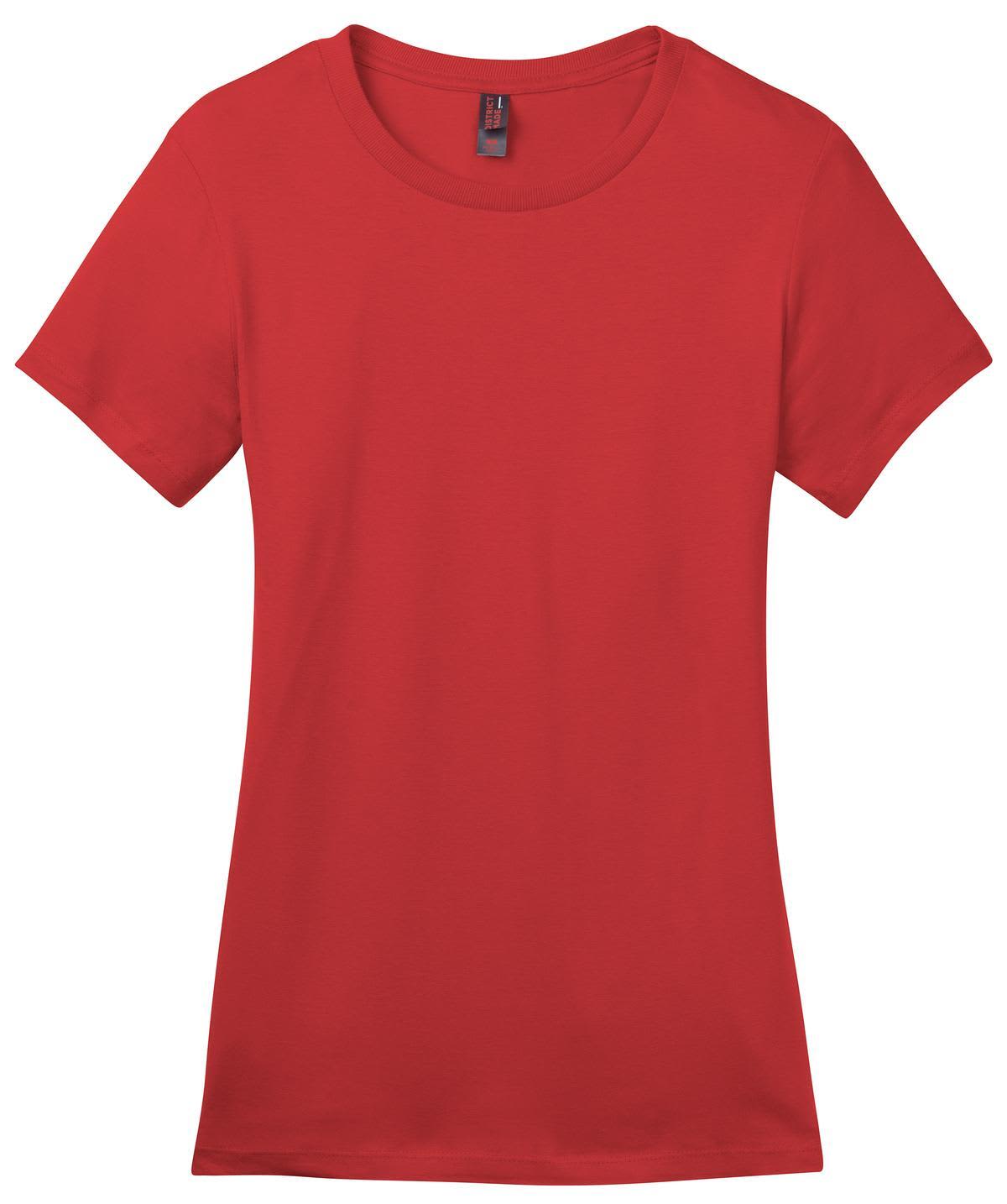 A red ladies' crew tee featuring short sleeves and a fitted silhouette, with a tag inside the neckline.