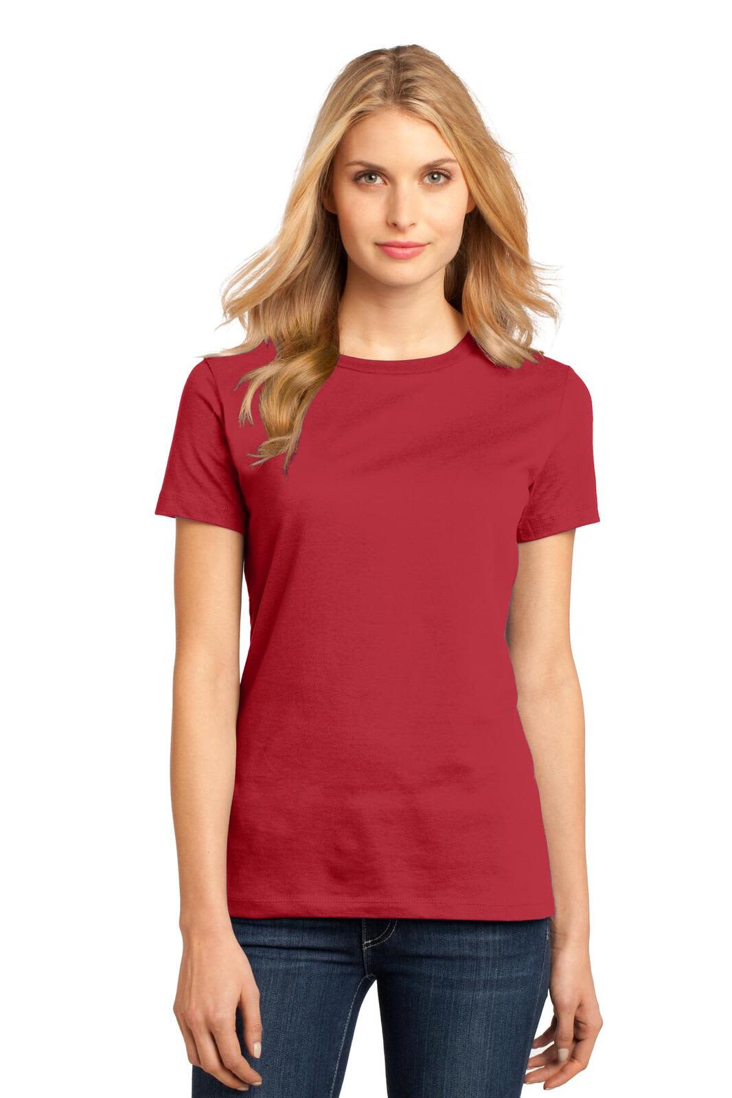 A woman wearing a red crew T-shirt with short sleeves and a fitted style. The shirt features a logo.