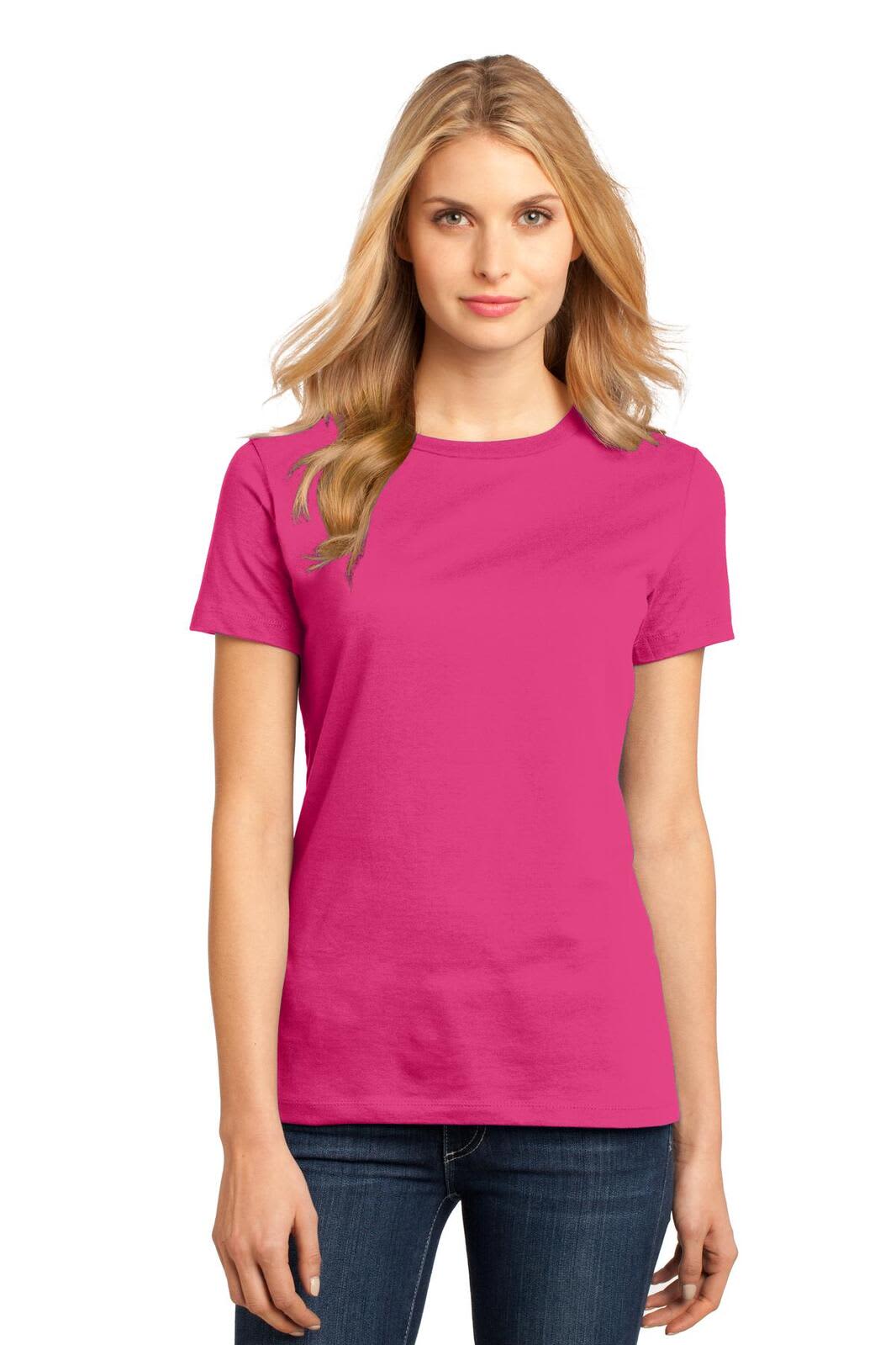 A woman wearing a vibrant pink crew t-shirt, standing with a neutral expression against a plain background.