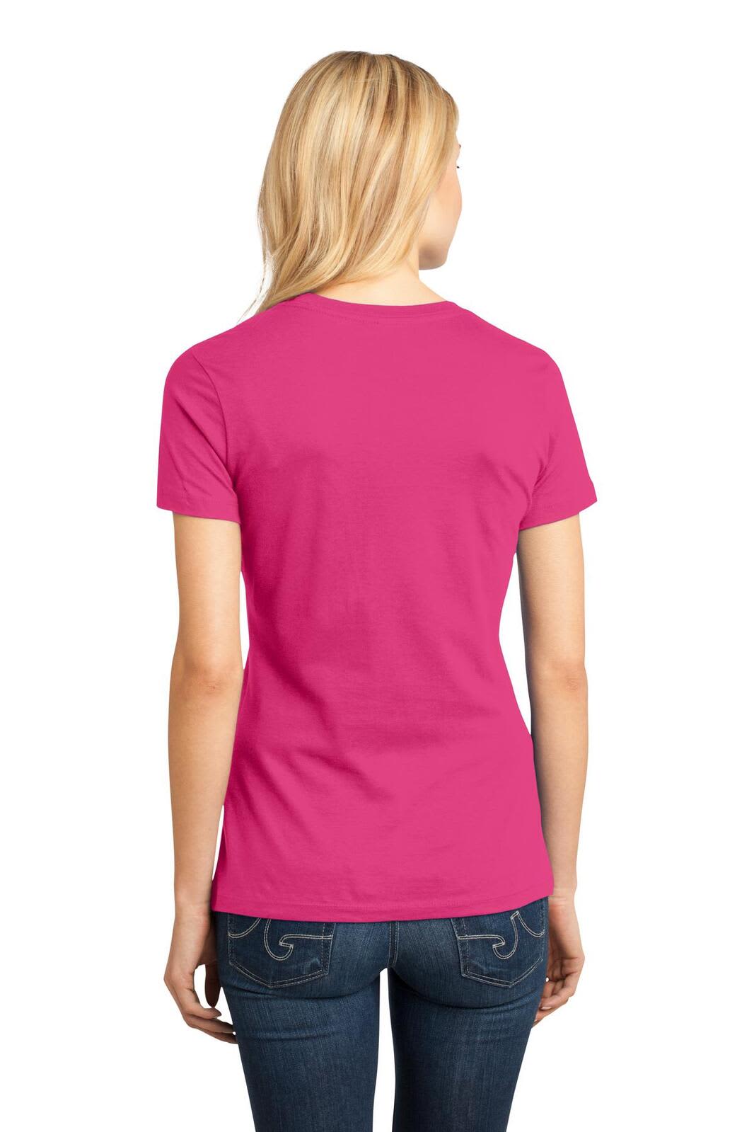 A pink ladies' crew tee featuring a classic fit, showcased from the back, with a logo at the neck.