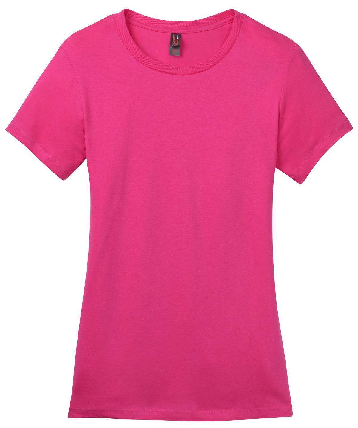 A pink crew neck t-shirt featuring short sleeves and a plain design. It has a logo on the label.