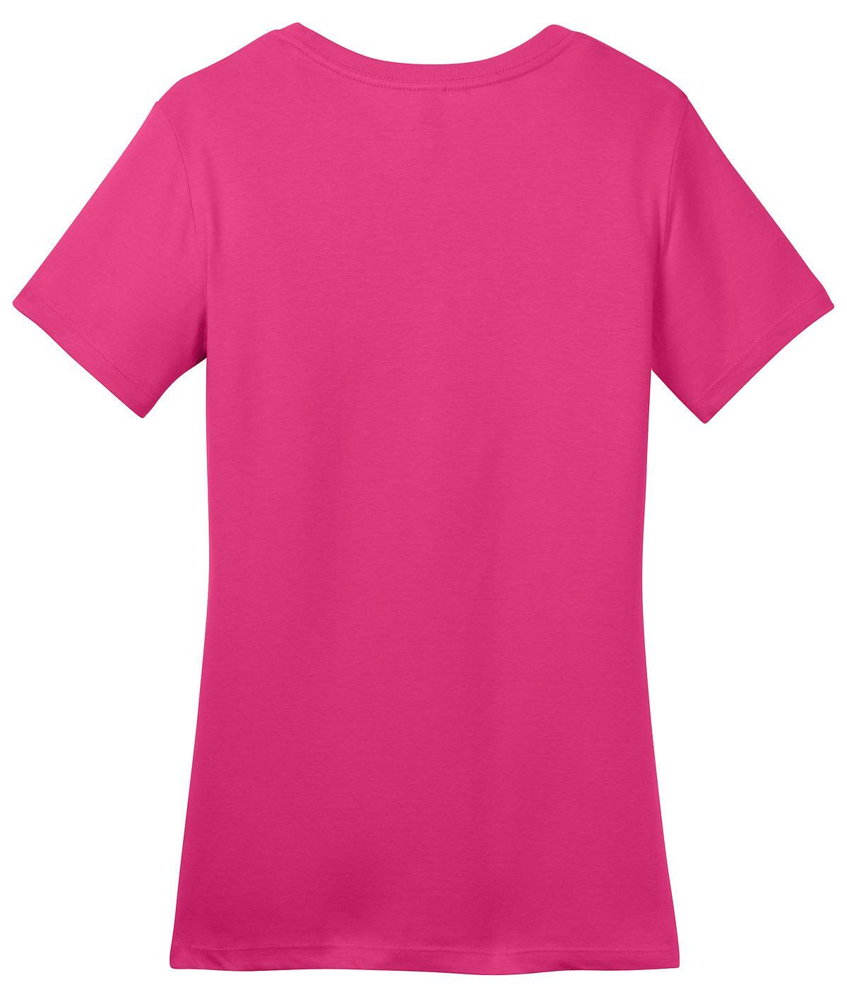A pink crew neck t-shirt with short sleeves, featuring a branding logo on the back.
