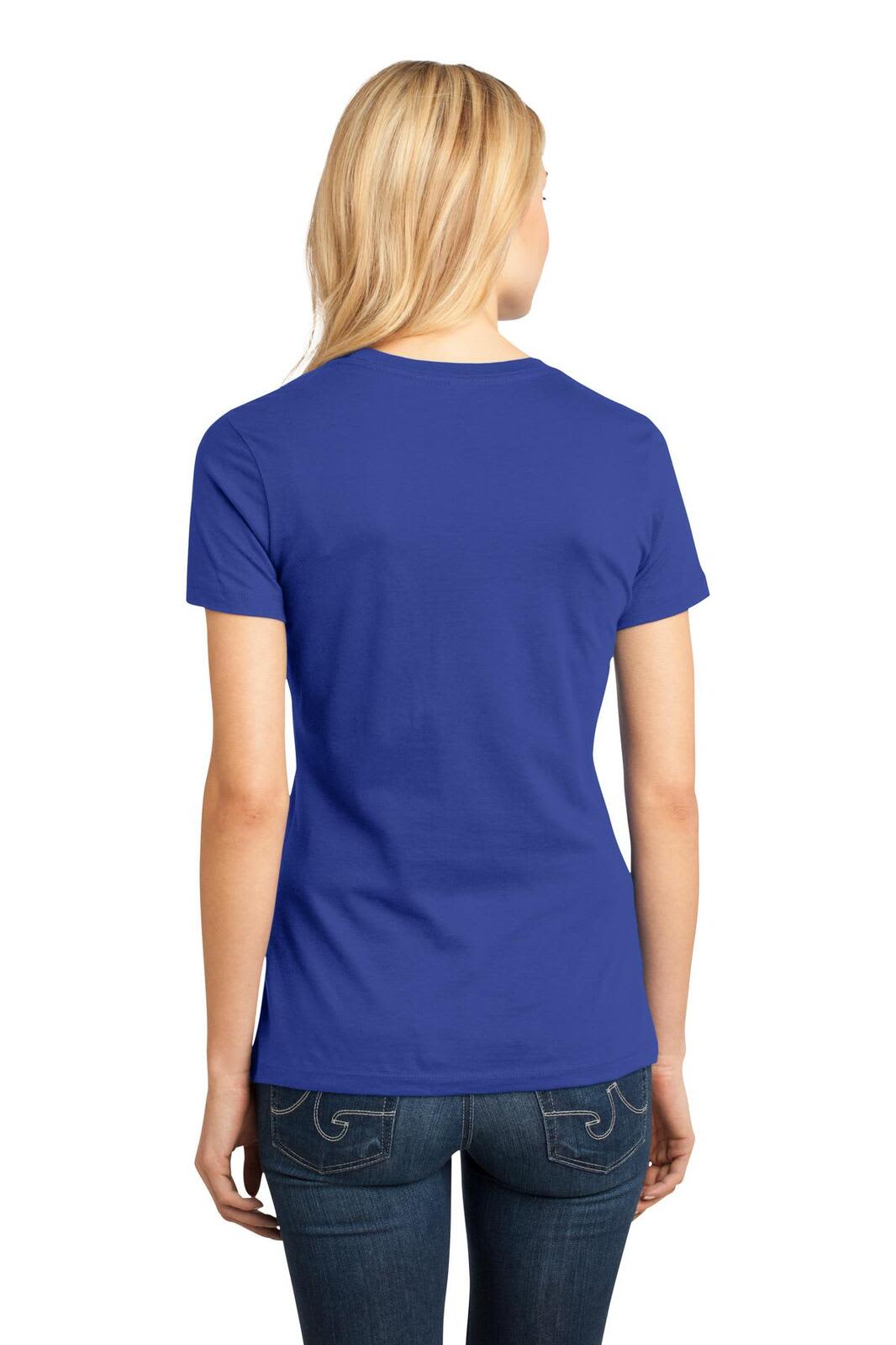 A blue crew tee for ladies, featuring a logo, with a simple design and a fitted look from the back view.