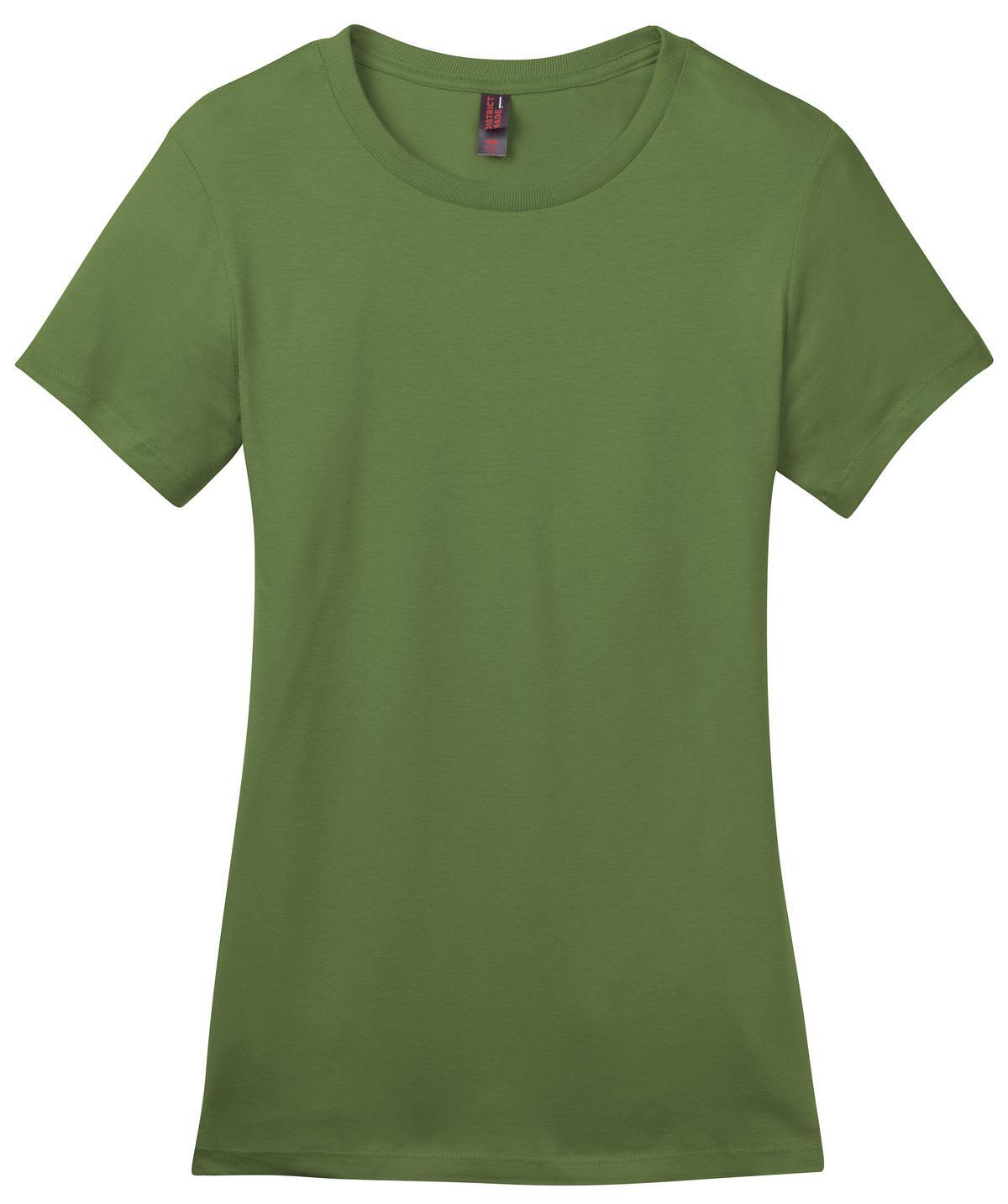 A green ladies crew tee featuring short sleeves and a round neckline, with a branding label inside.