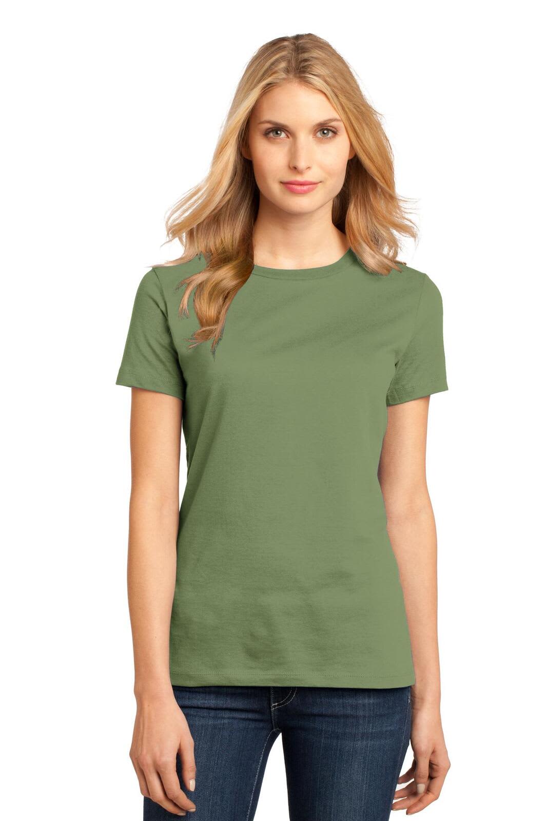 A woman is wearing a short-sleeve, olive green crew tee with a branding logo.