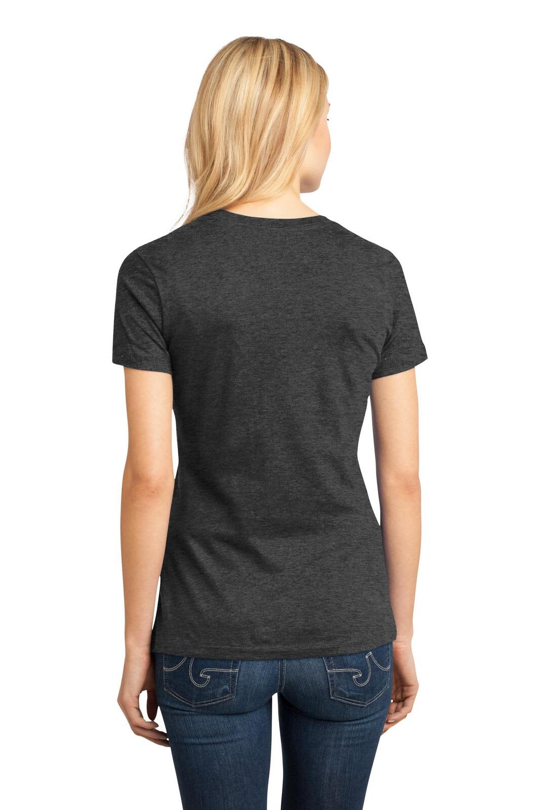 A back view of a women's charcoal grey t-shirt with a fitted design. The shirt has short sleeves and a crew neckline.