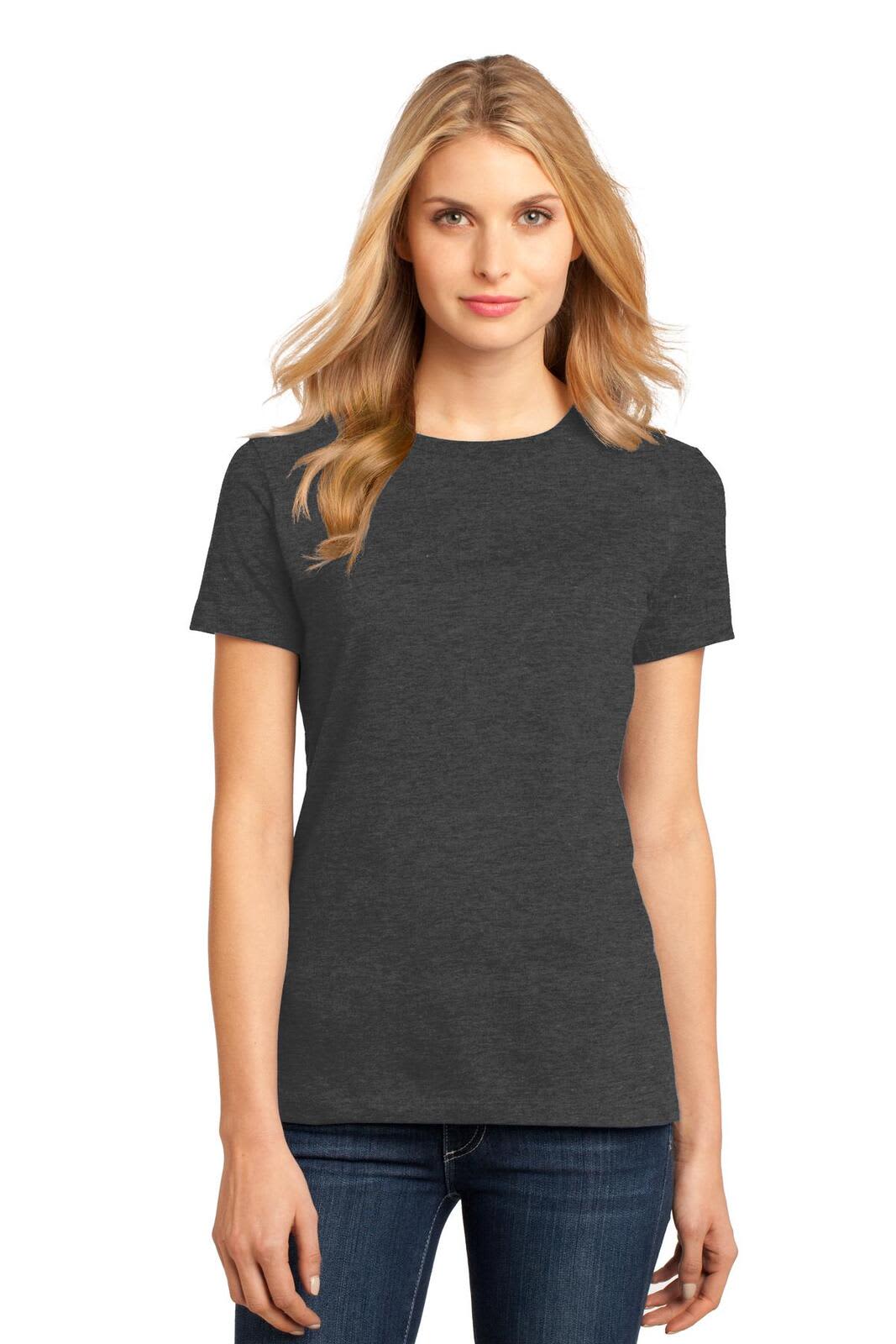 A lady's crew tee in dark grey, featuring short sleeves and a fitted silhouette. The shirt has a logo on it.