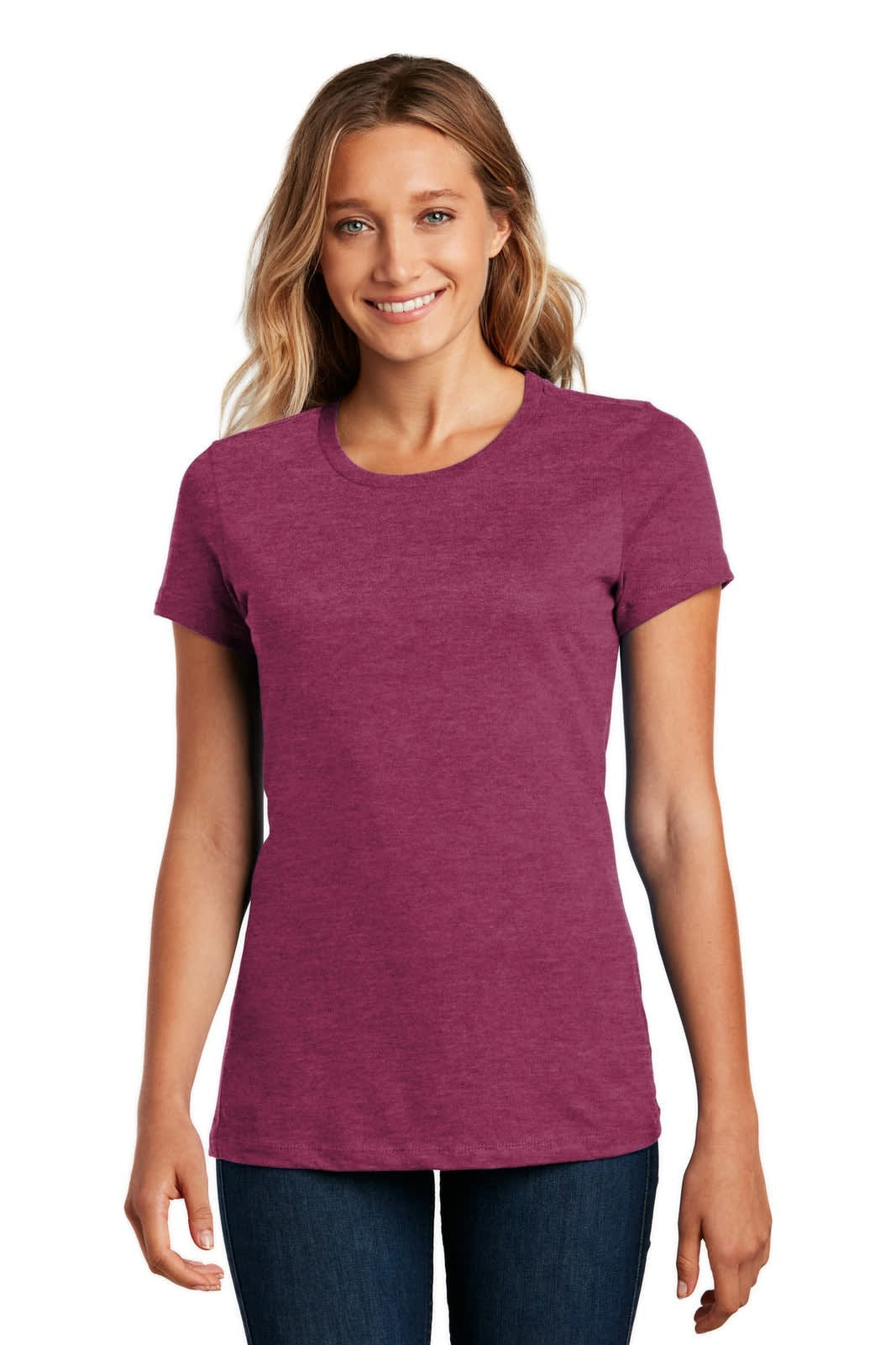 A woman wearing a purple crew neck T-shirt with short sleeves, featuring a logo on the front.