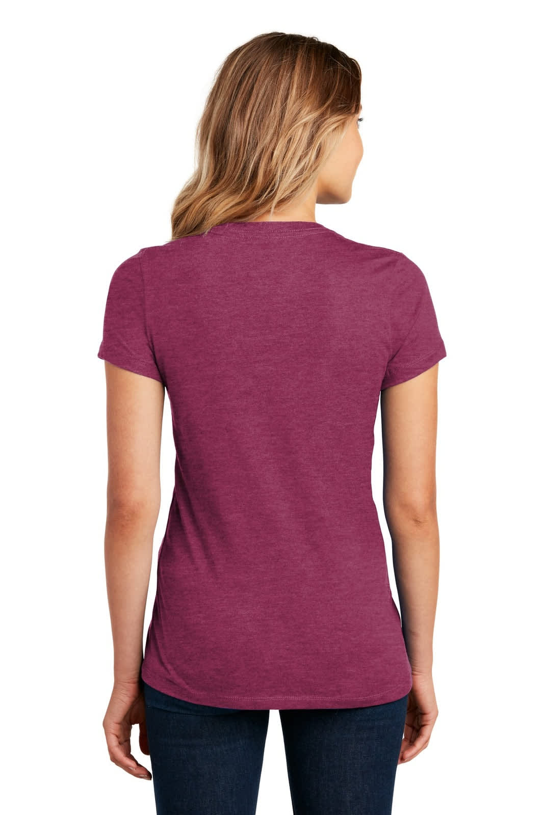 A maroon ladies' crew tee seen from the back, featuring a fitted style and short sleeves, with a logo on the back.