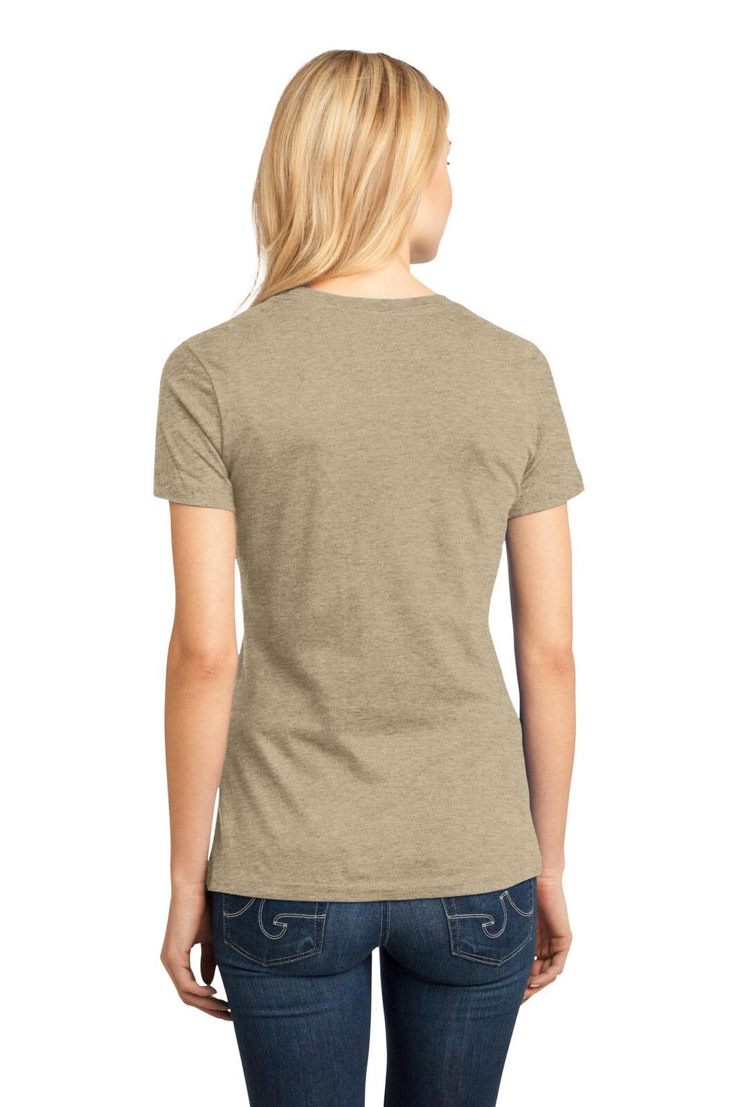 A beige ladies' crew tee with a fitted style, featuring short sleeves and a branding logo on the back.