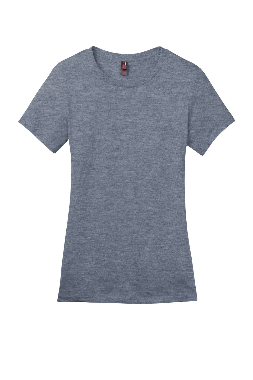 A grey ladies' crew t-shirt made from perfect weight fabric, featuring a subtle logo on the tag.