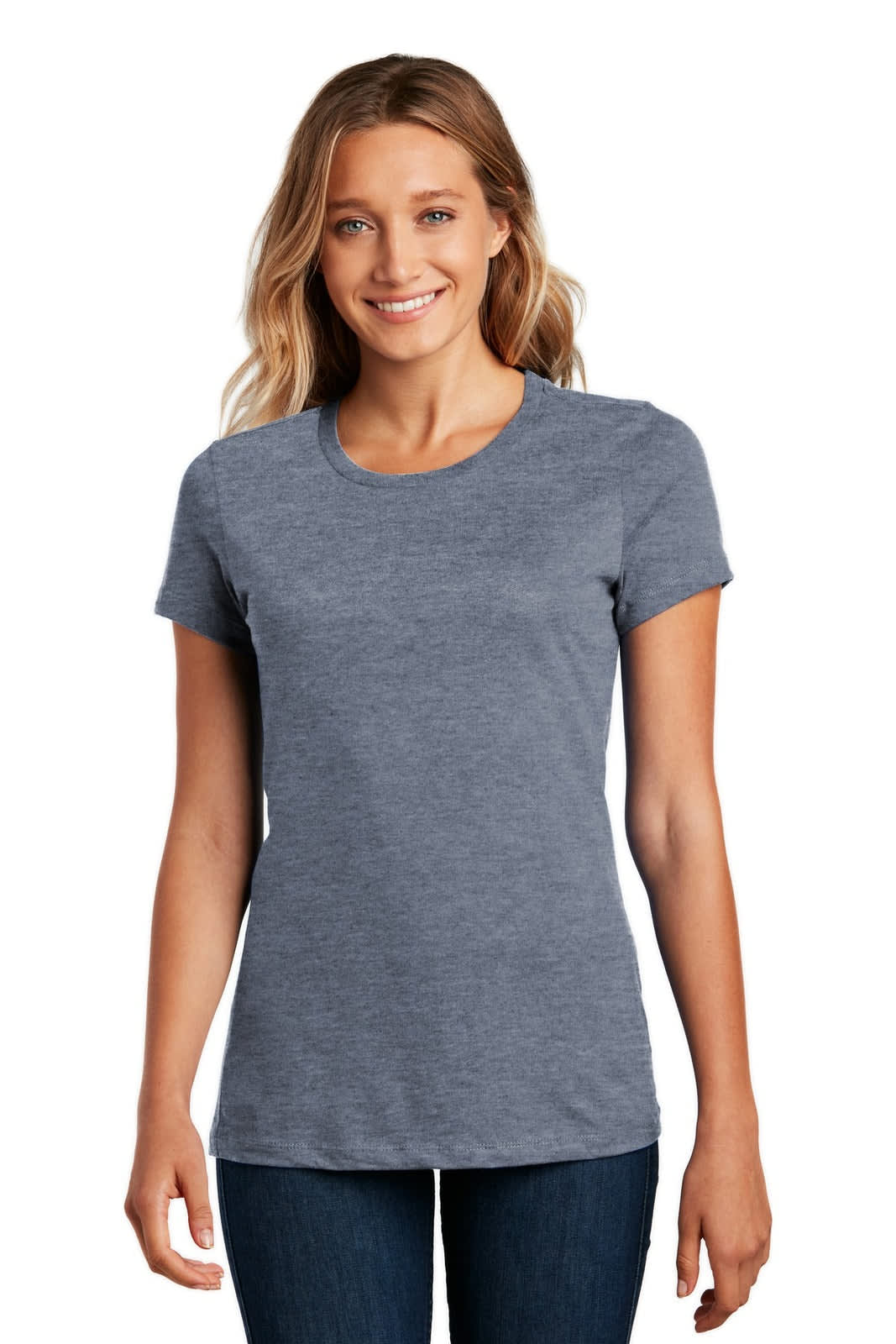 A model wears a grey crew neck t-shirt with short sleeves. The shirt features a logo on it.