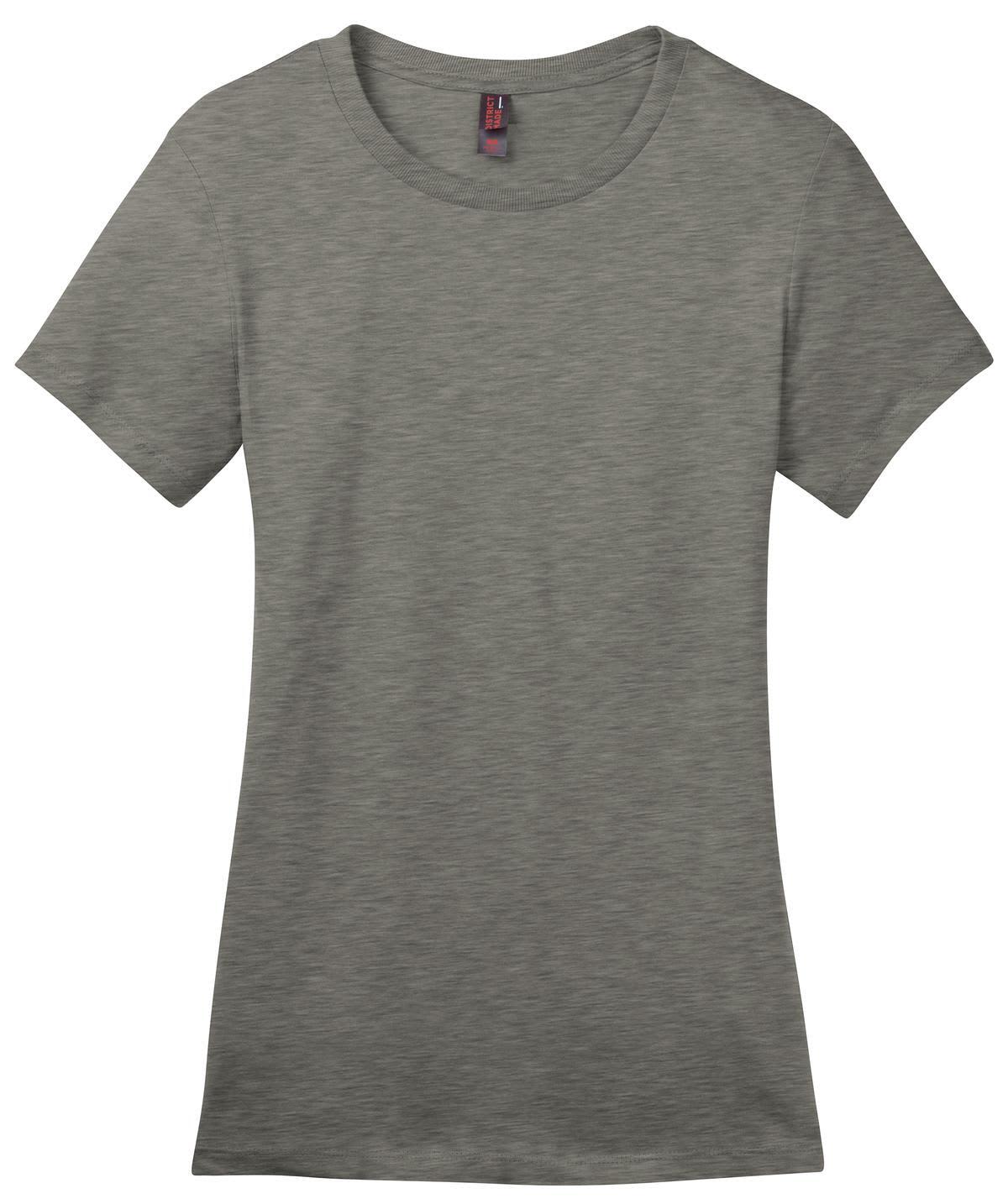 A grey crew neck T-shirt from District Made, featuring short sleeves and a branding label inside.