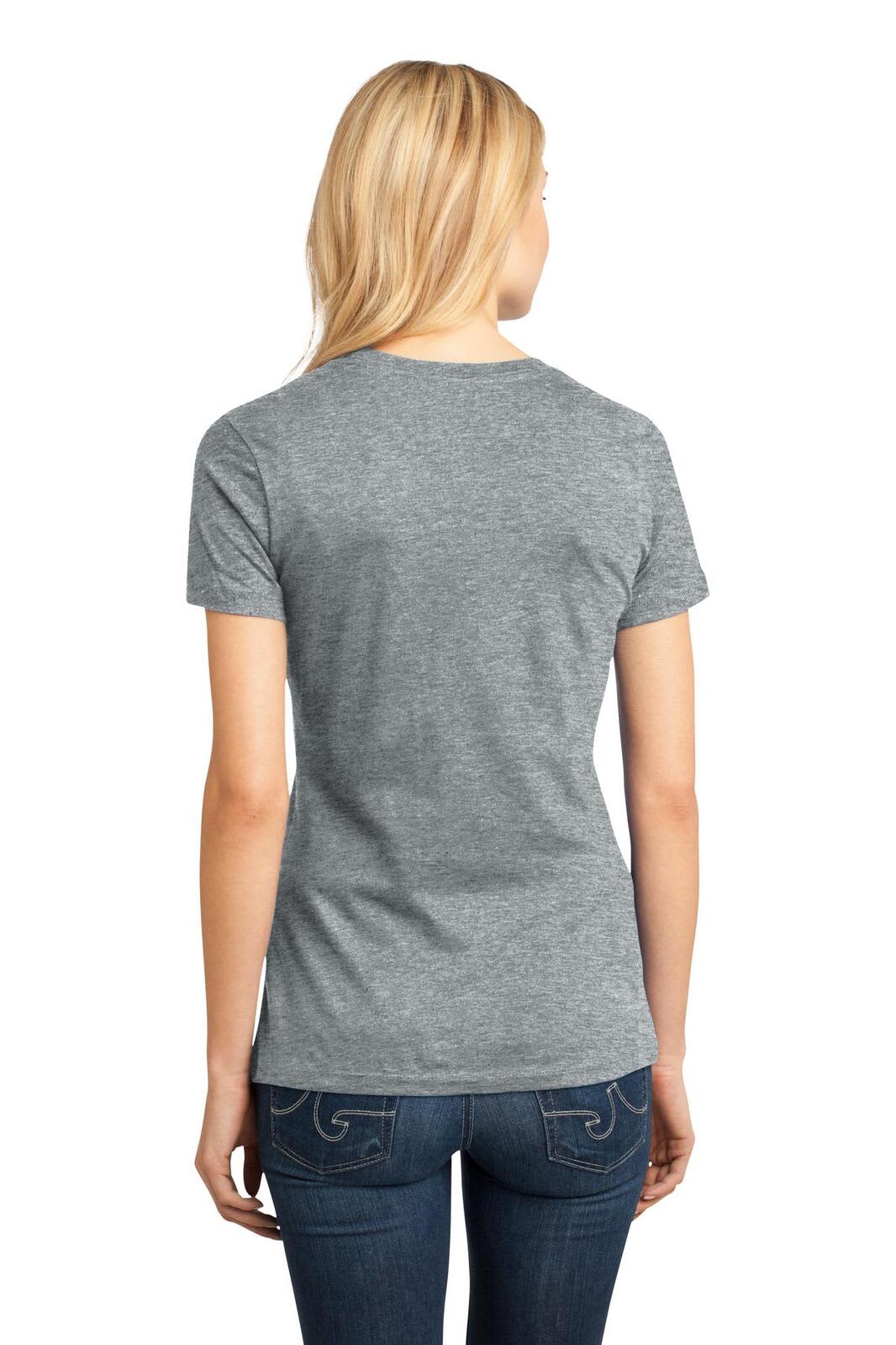 A grey ladies crew tee from District Made, featuring a fitted design and short sleeves. It has a logo on the back.