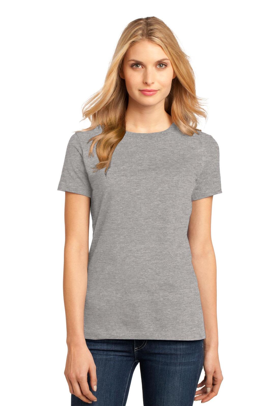 A grey ladies' crew tee with short sleeves, available in a classic fit. It features a logo on the front.