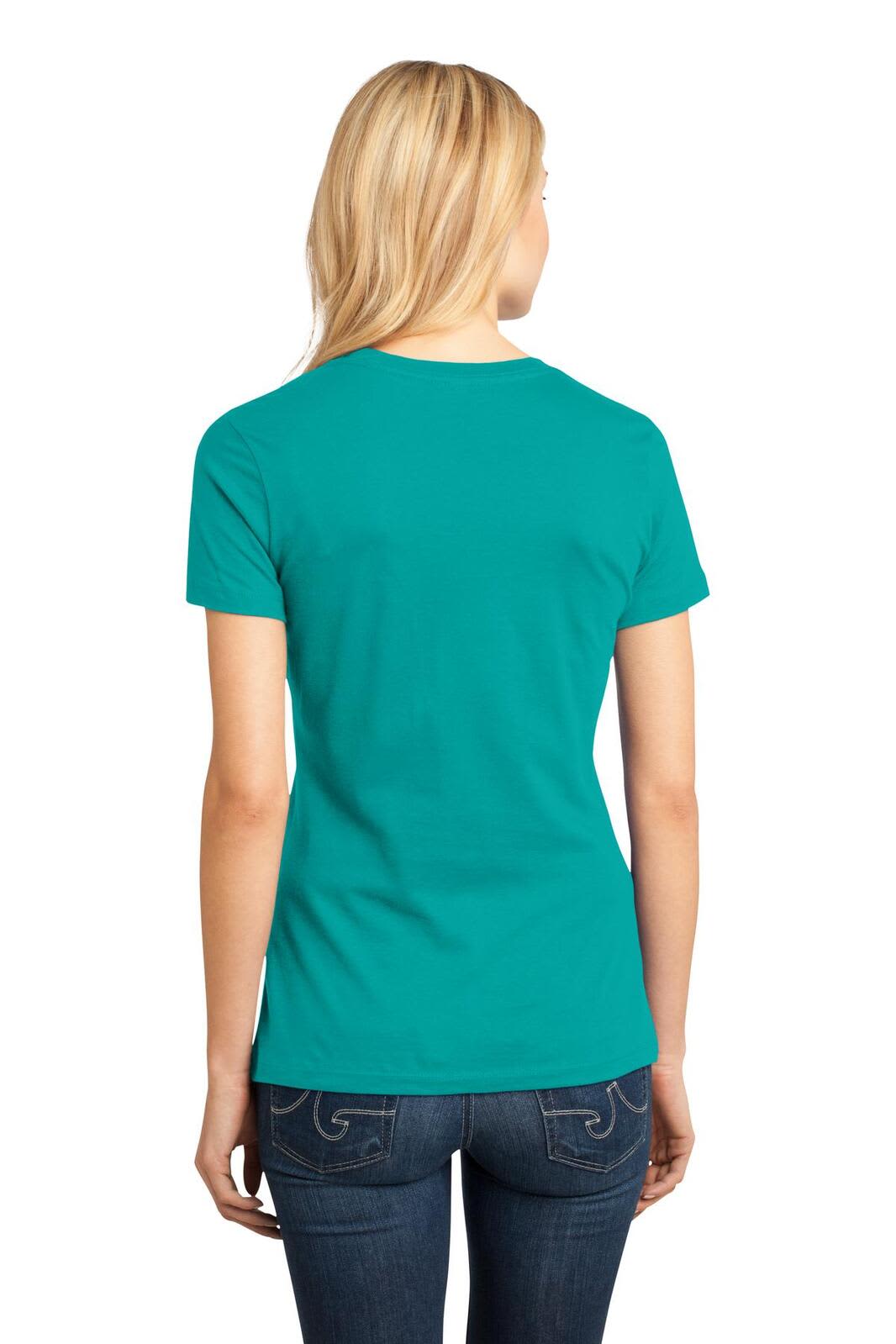 A turquoise ladies' crew tee featuring a fitted design, shown from the back. The shirt has a logo.