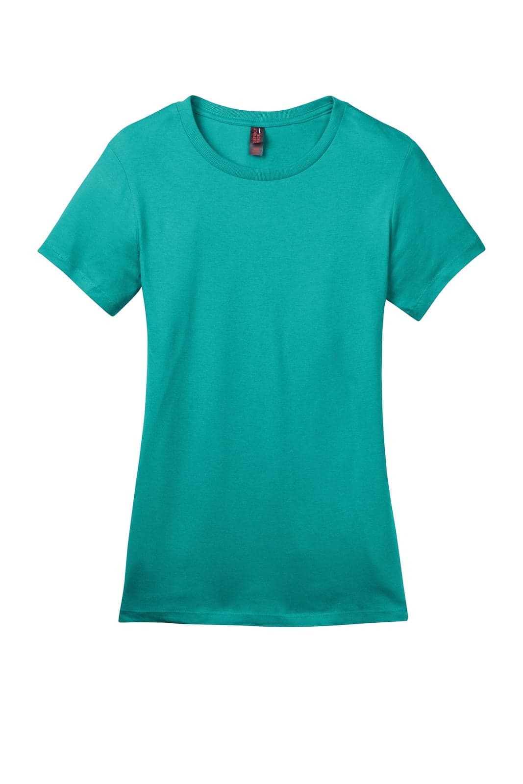 A teal ladies' crew t-shirt with a standard neck and short sleeves, featuring a logo.