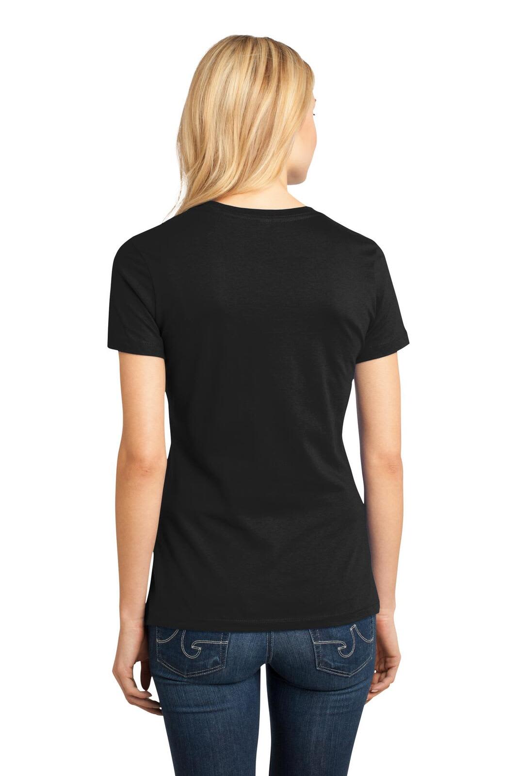 A black ladies crew tee with short sleeves, featuring a logo on the back, worn with denim jeans.