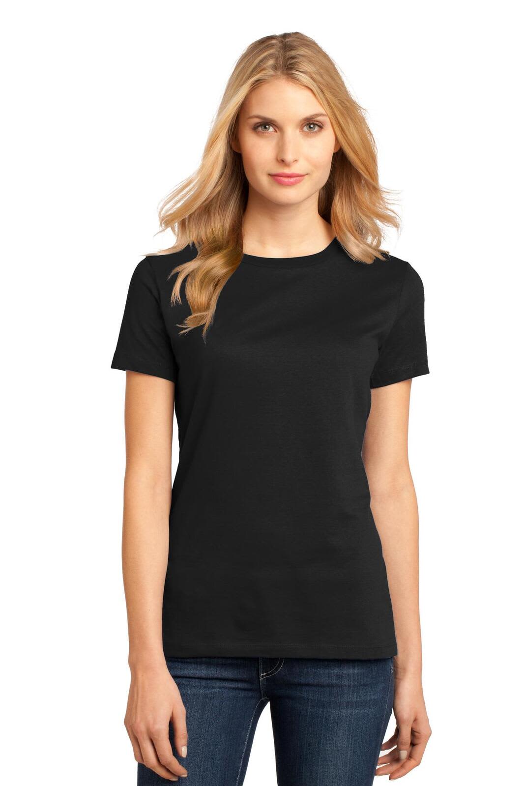 A black crew neck t-shirt for women with short sleeves, styled with a fitted look. Features a logo on the shirt.