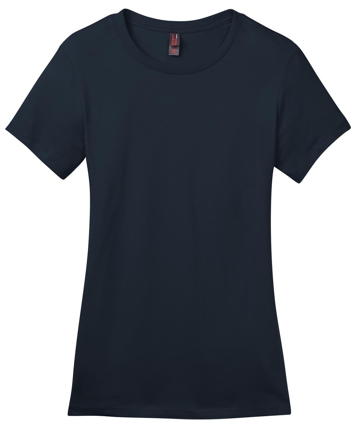 A navy blue ladies' crew t-shirt featuring a simple design and a logo on the label.