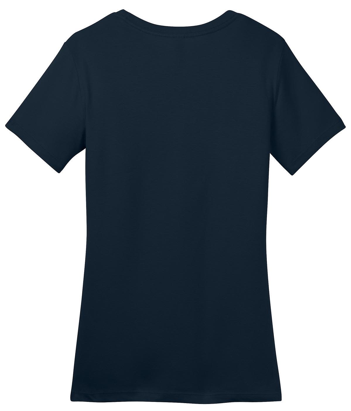 A navy blue ladies' crew tee with short sleeves and a fitted design, featuring a logo on the back.