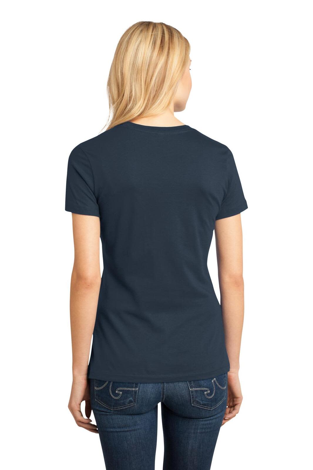 A navy blue ladies' crew tee with a fitted style, viewed from the back. The shirt has a logo on the upper back.