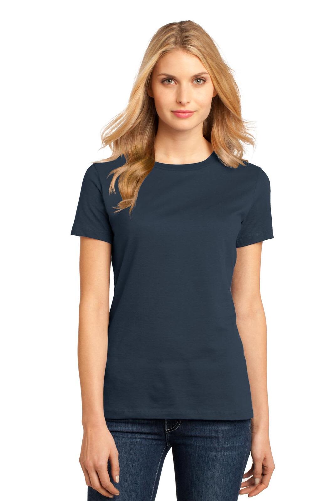 A model wearing a navy blue crew neck t-shirt with short sleeves, featuring a branding logo.