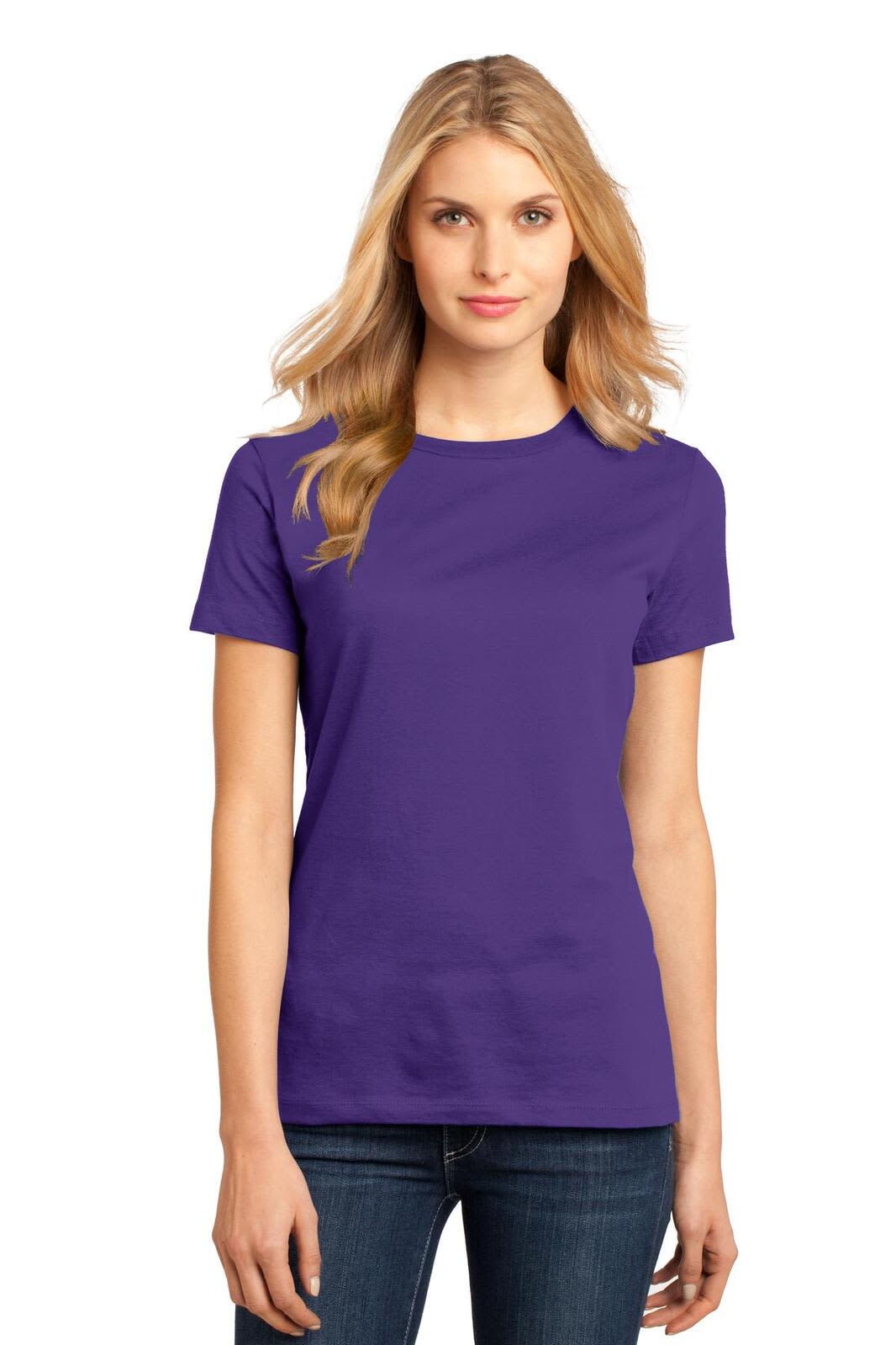 A purple ladies’ crew tee displayed on a model with short sleeves and a modest neckline, featuring a logo.