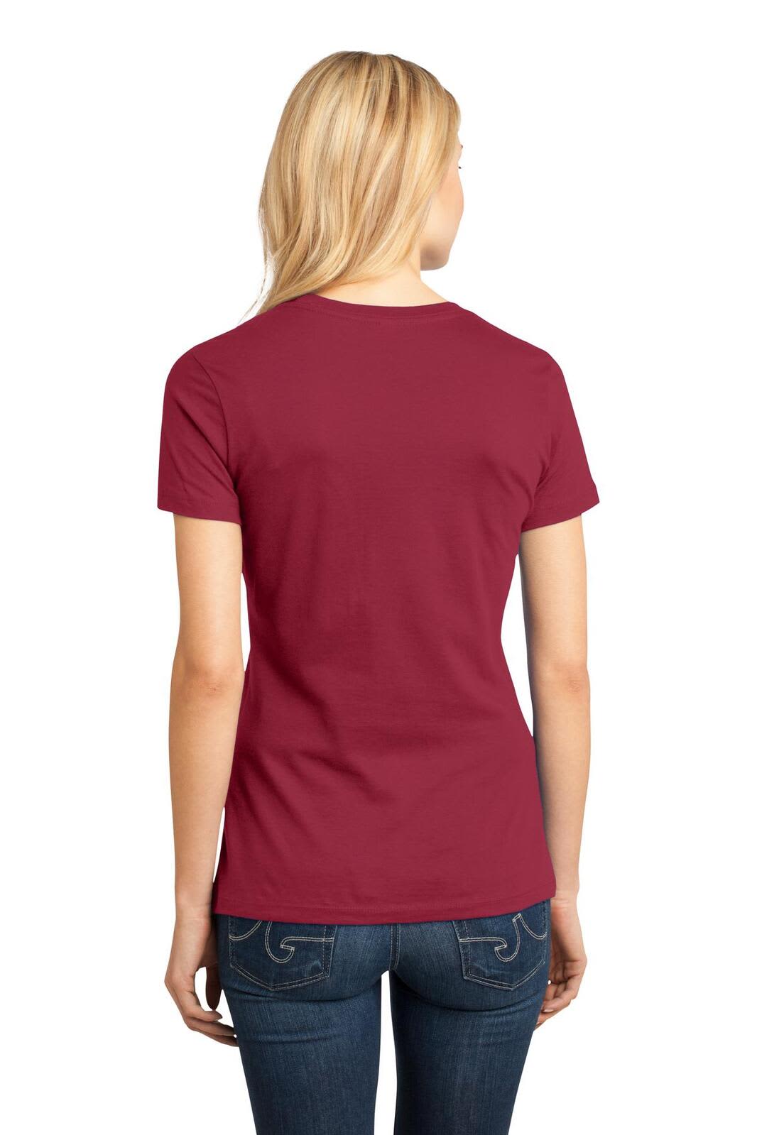 A maroon crew tee shirt for ladies featuring a fitted design and short sleeves, with a brand logo on the back.