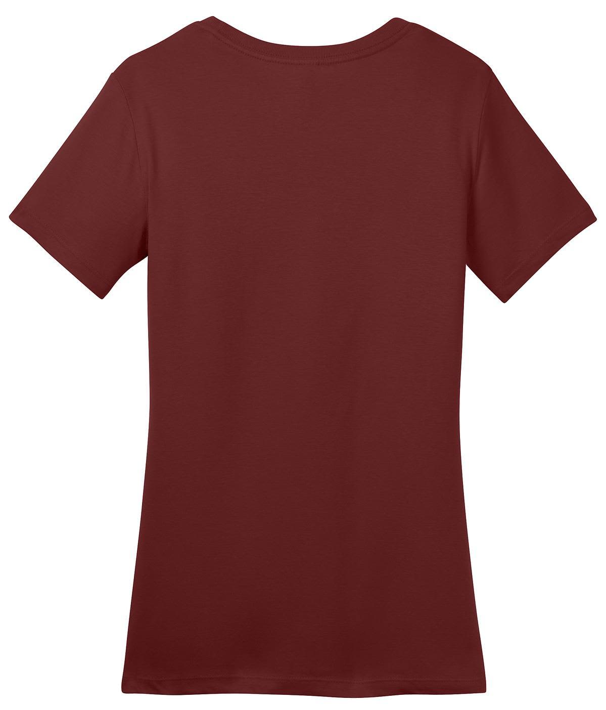 A maroon ladies' crew tee with short sleeves and a smooth back. Includes a logo.