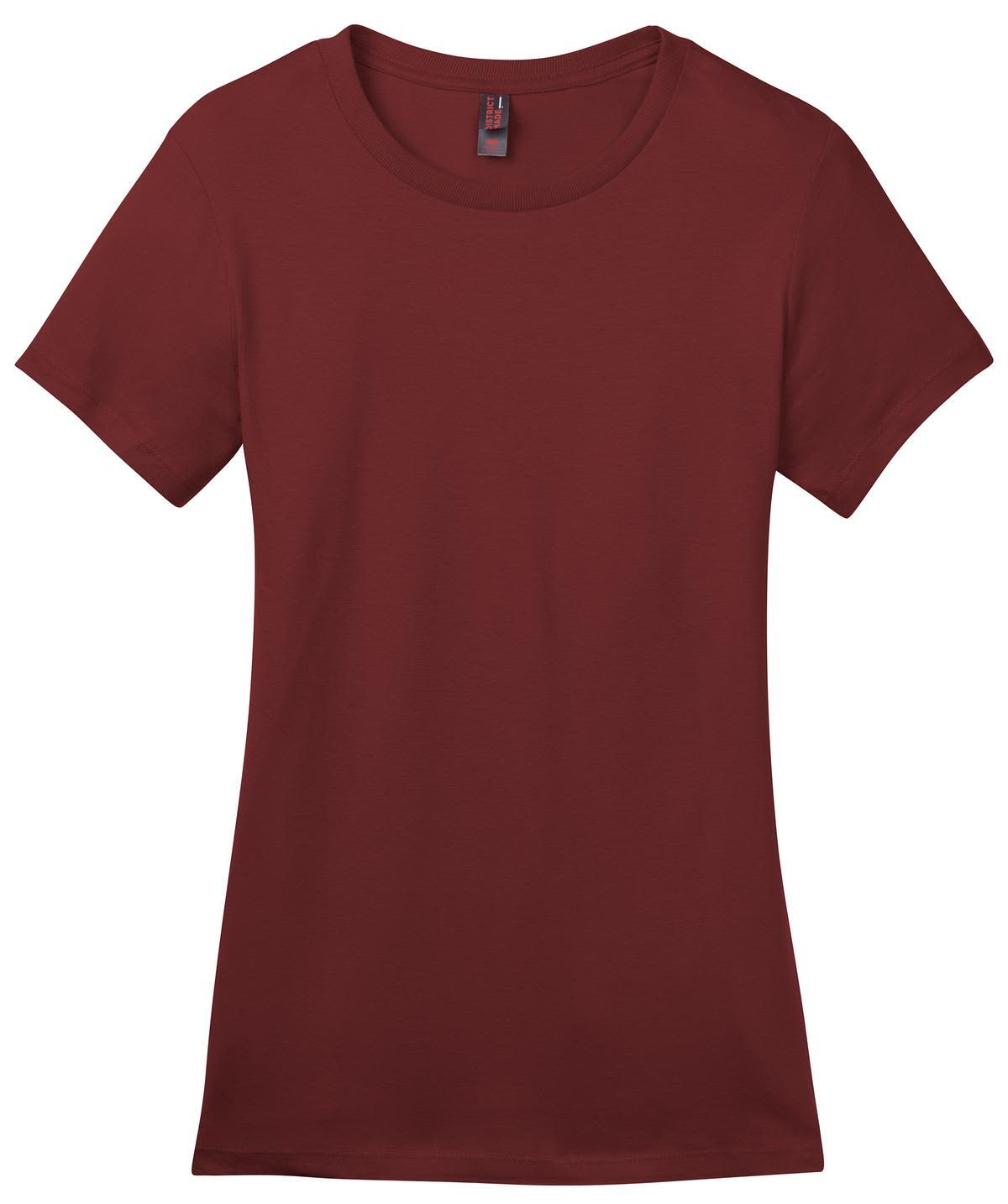 A maroon ladies' crew t-shirt featuring short sleeves and a round neckline. The shirt has a branding label.