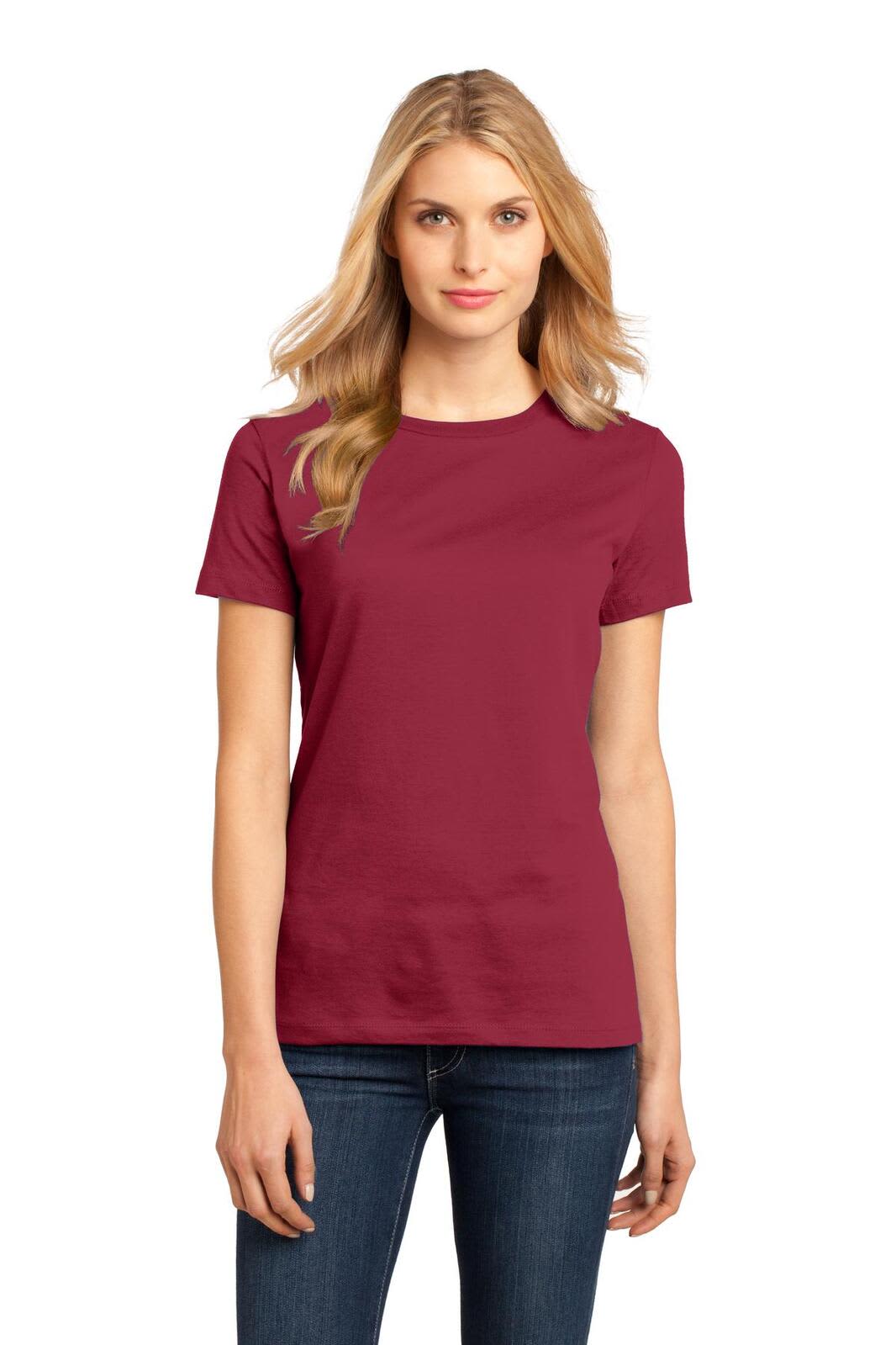 A maroon ladies' crew tee showcased on a model, featuring a simple design and a logo.