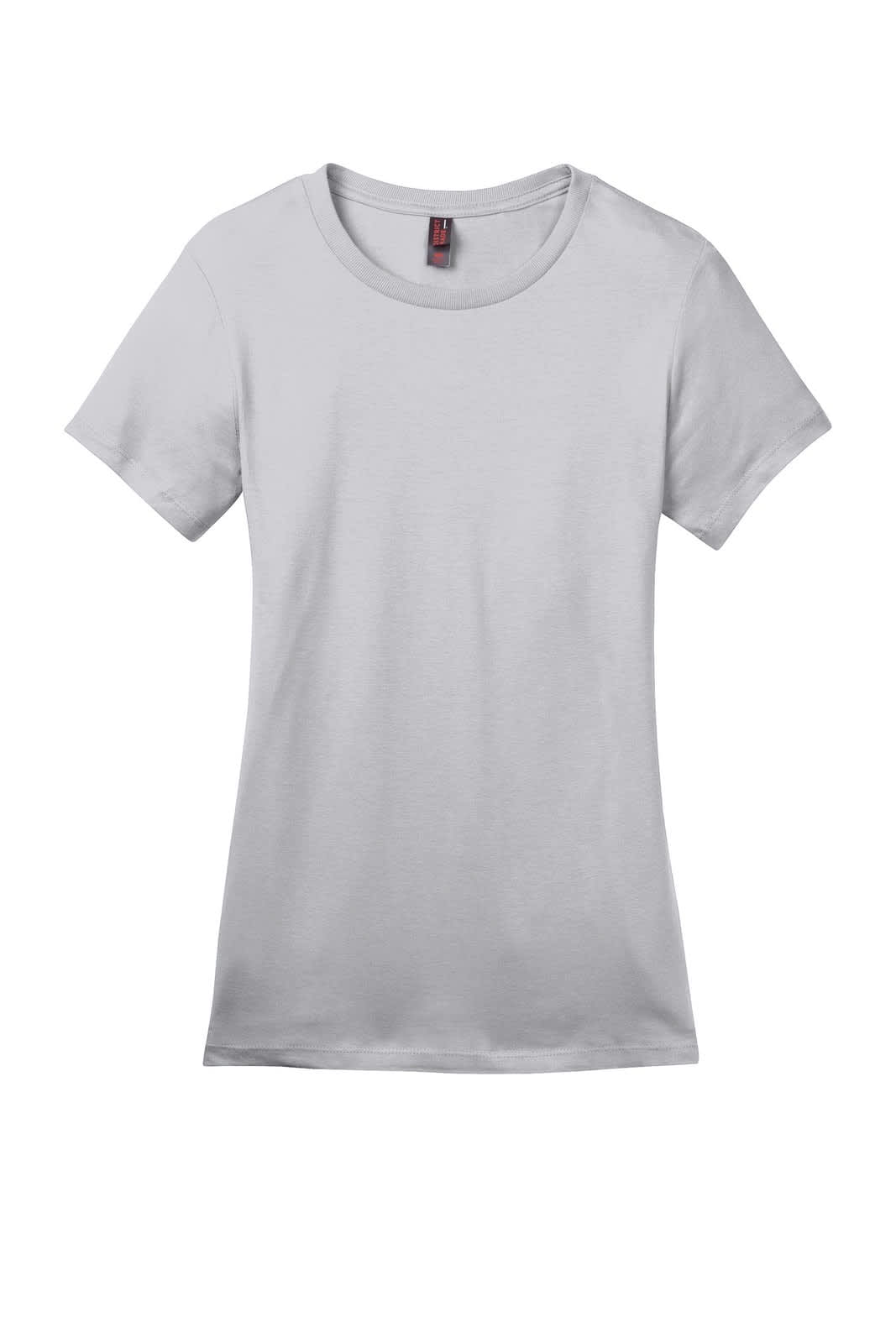 A light grey ladies crew t-shirt with short sleeves. The shirt has a branding label attached.