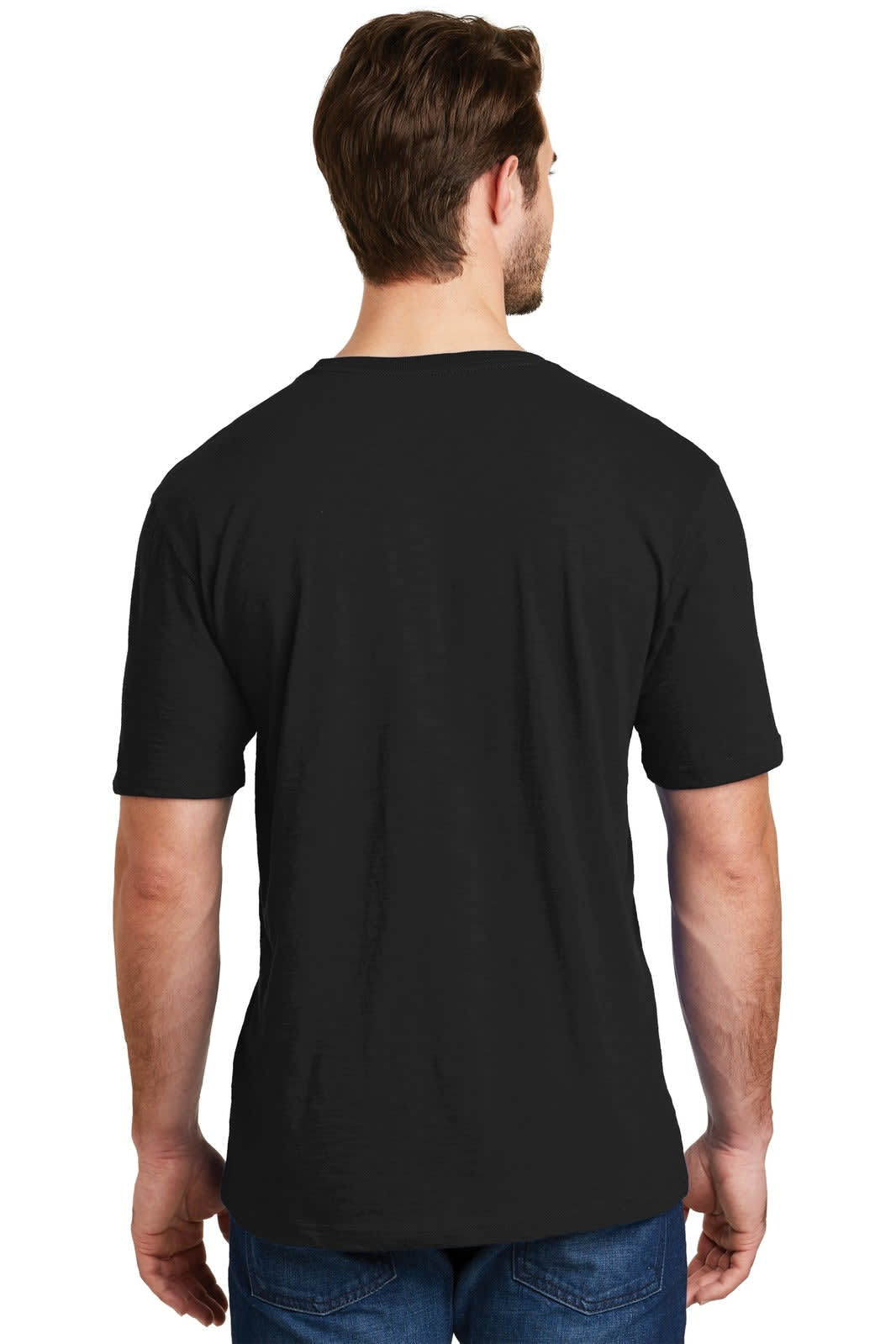 A black crew t-shirt designed for men, featuring a simple style and a logo on the back.