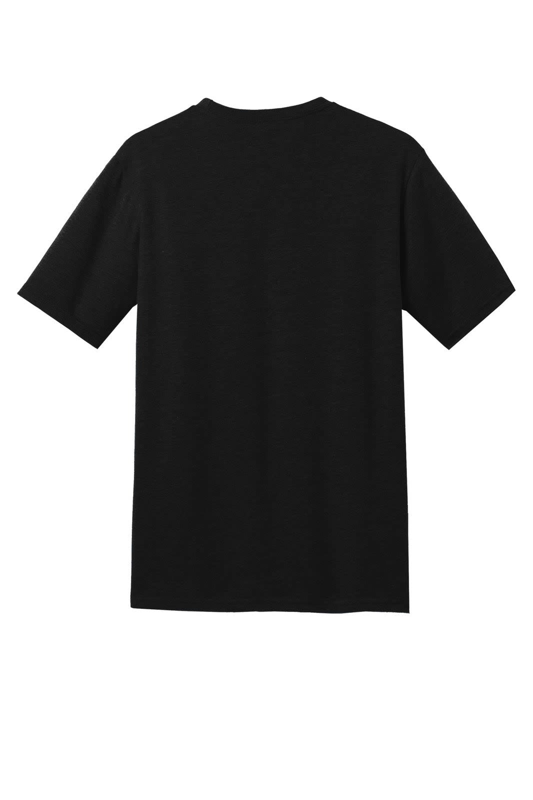 A black crew tee with short sleeves, featuring a plain back and a subtle logo. Suitable for casual wear.