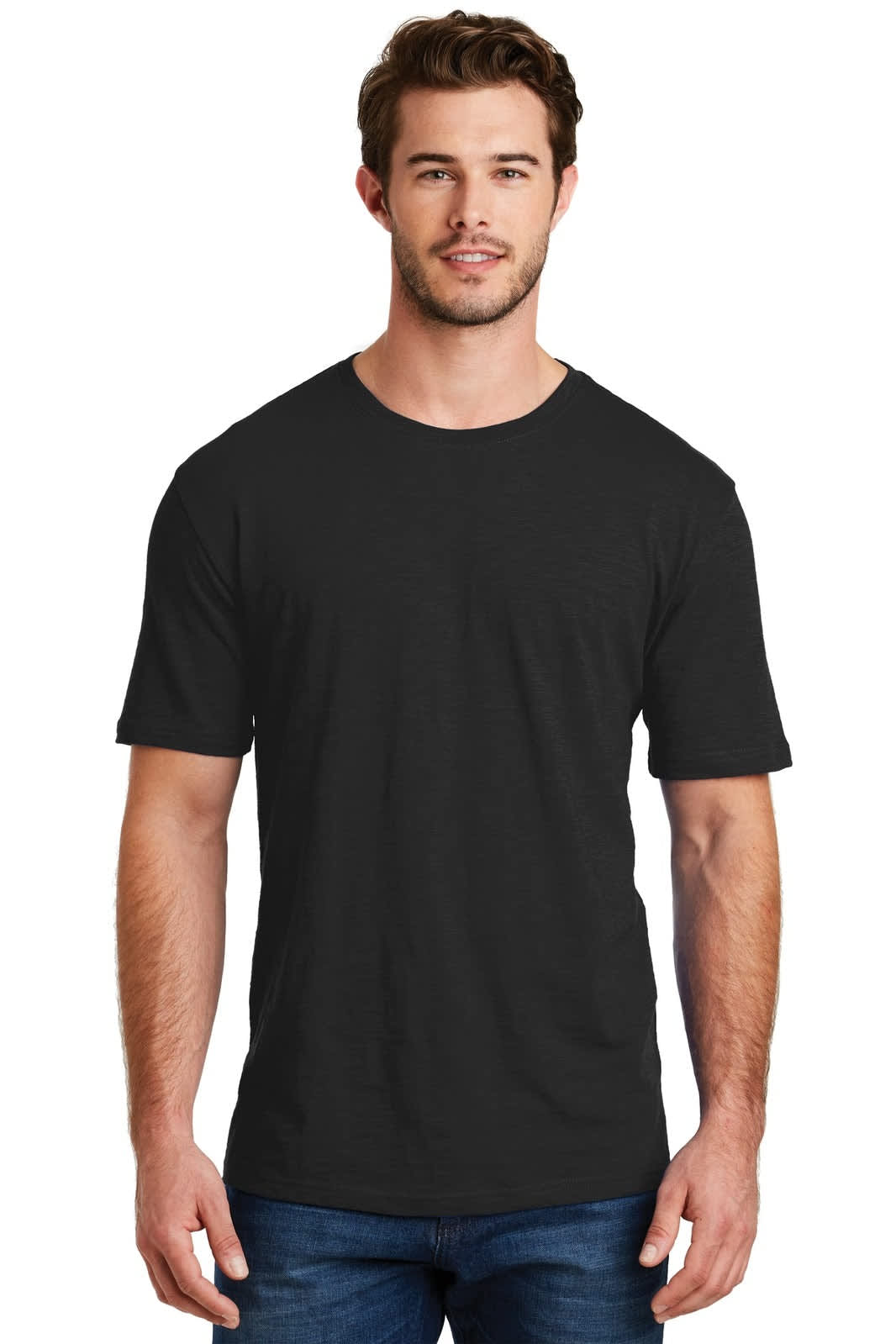 A black crew neck t-shirt has short sleeves and features a small logo on the chest.
