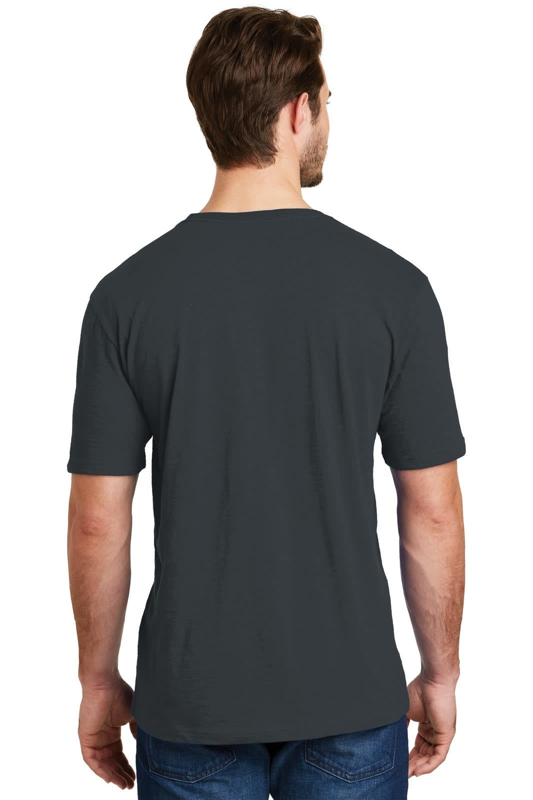 A men's crew t-shirt in dark grey, featuring a plain back design and a soft fabric blend.