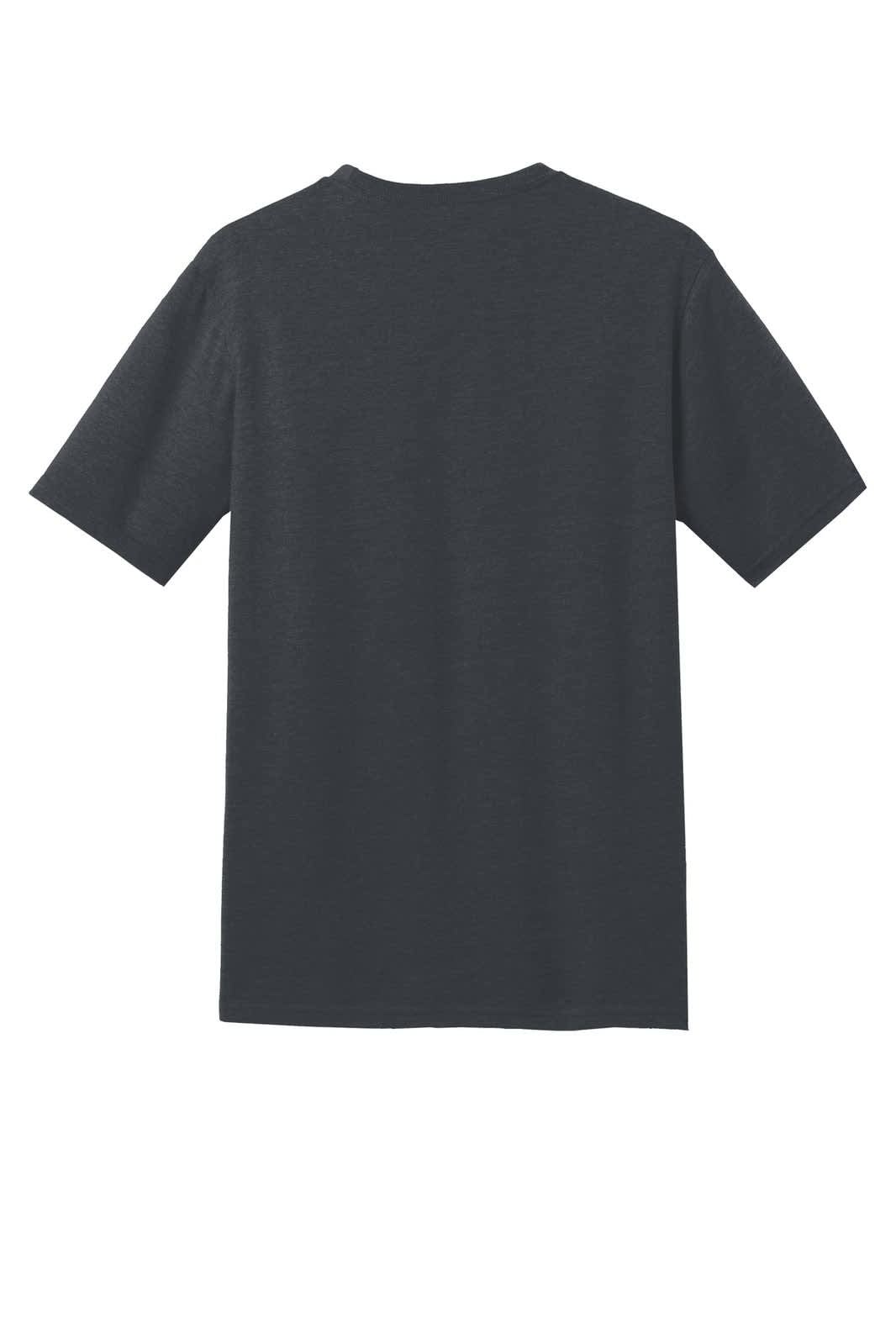 A dark grey crew neck t-shirt with short sleeves, featuring a plain design. It has a logo on the back.