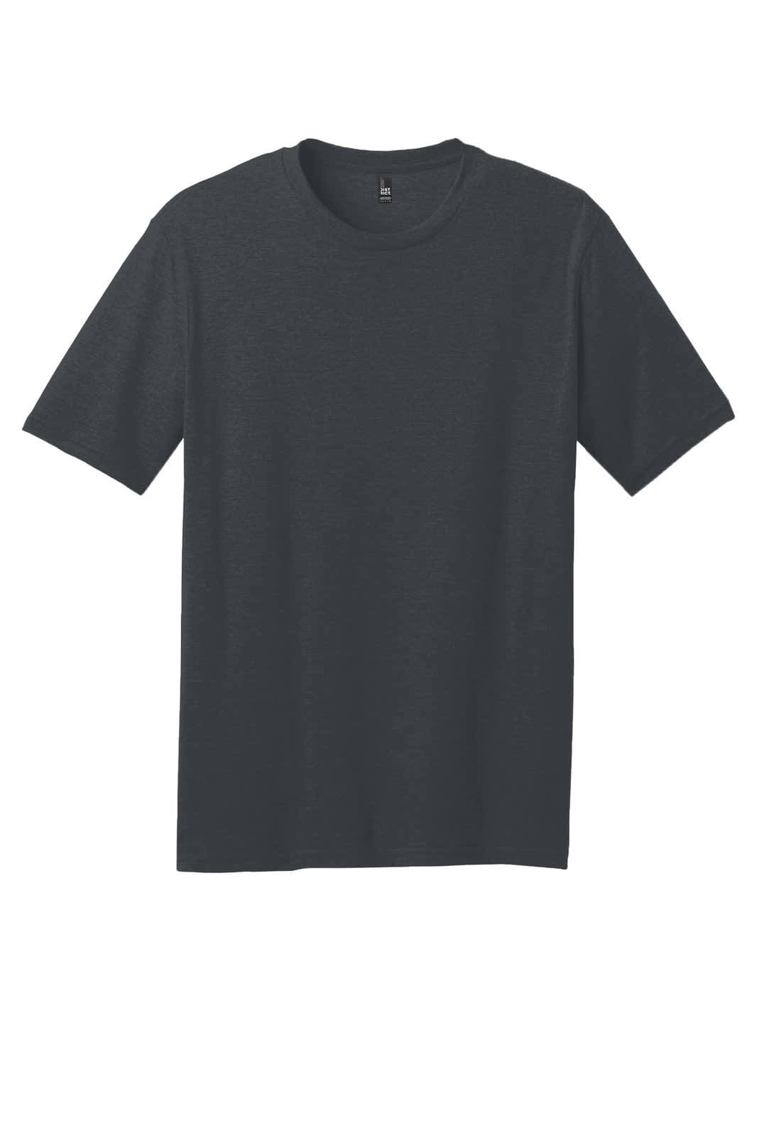 A dark grey crew neck t-shirt with short sleeves, featuring a logo on the chest.